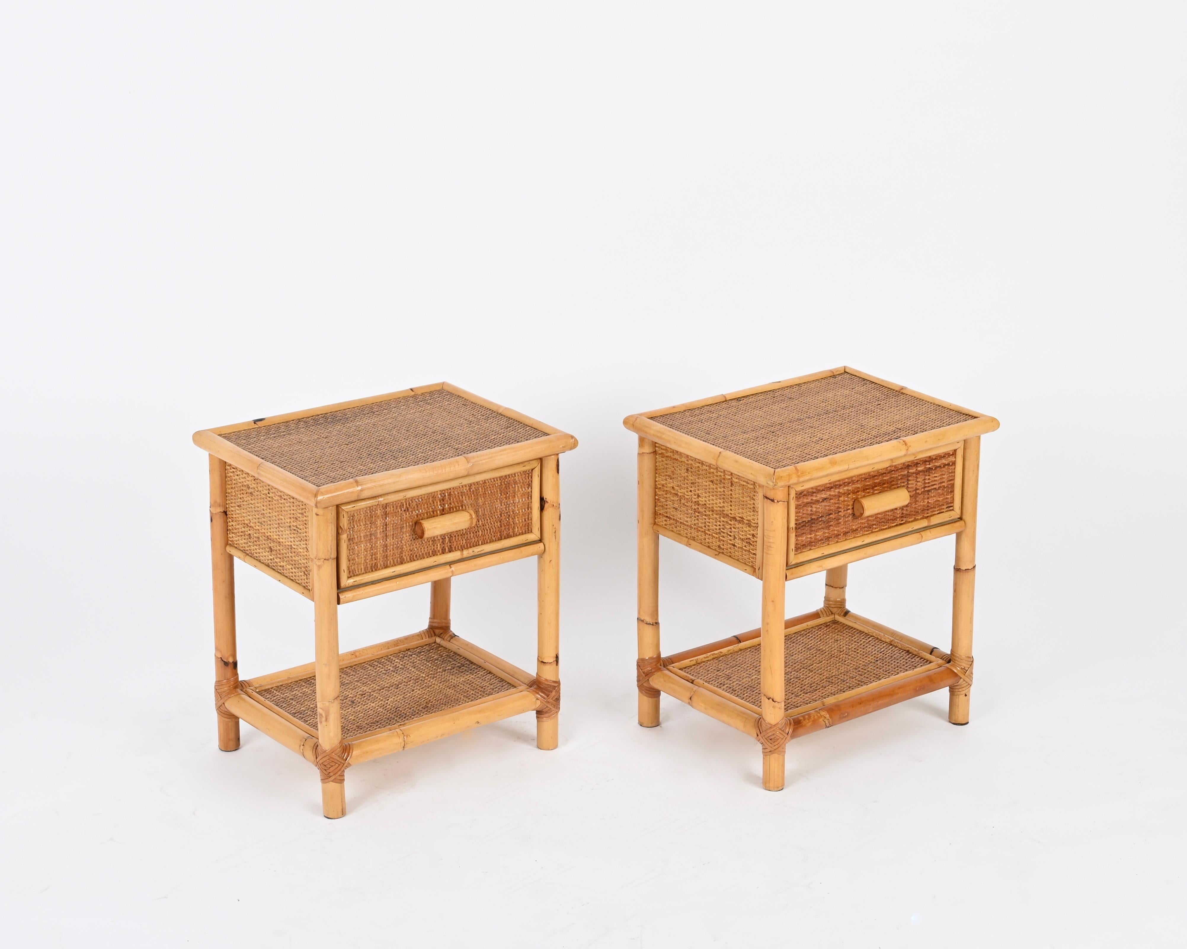 Pair of French Riviera Nightstands in Rattan, Bamboo and Wicker, Italy 1970s 5