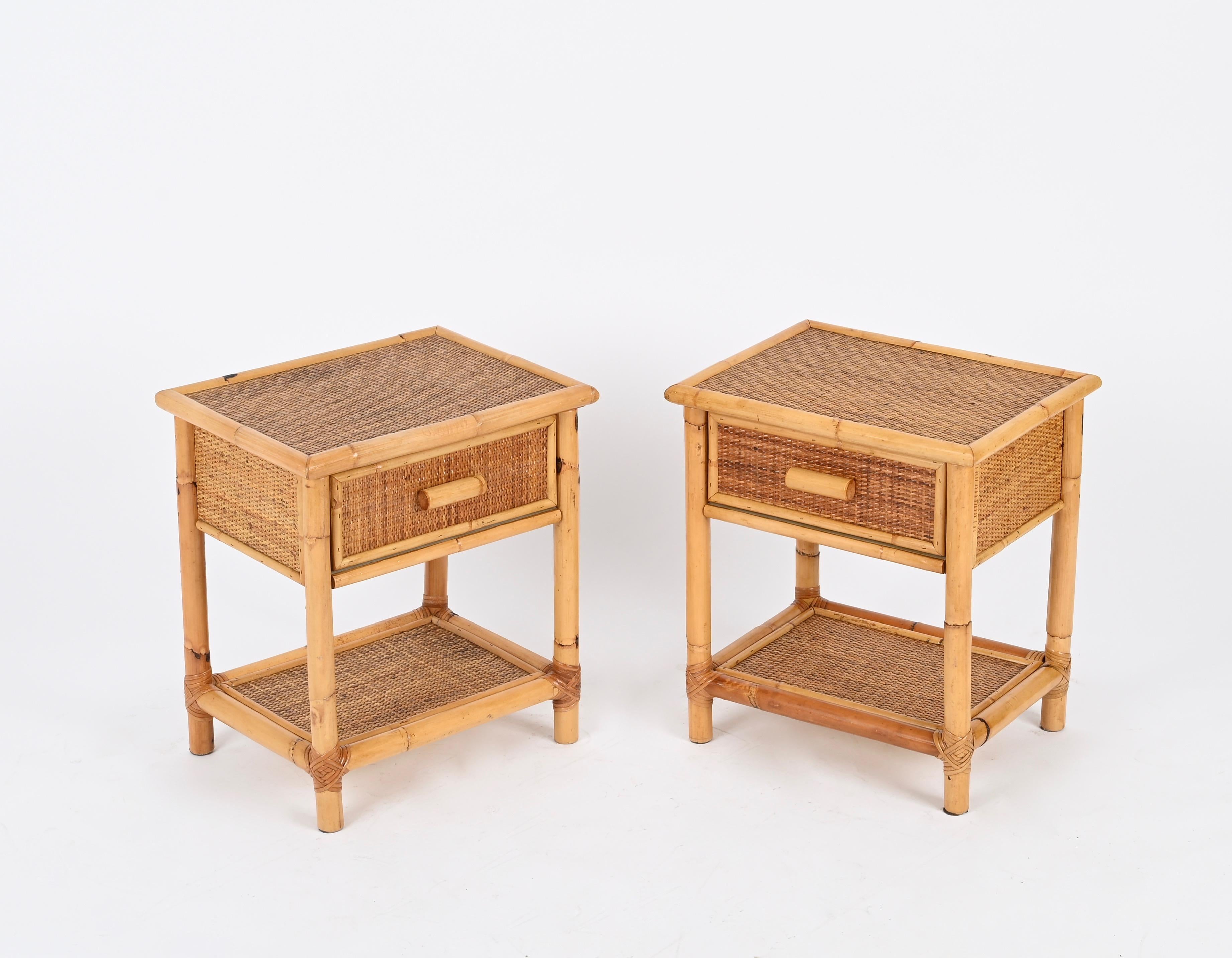 Pair of French Riviera Nightstands in Rattan, Bamboo and Wicker, Italy 1970s 6