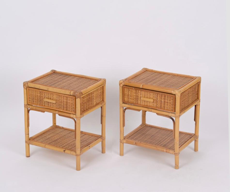 Pair of French Riviera Nightstands in Rattan, Bamboo and Wicker, Italy 1970s 9