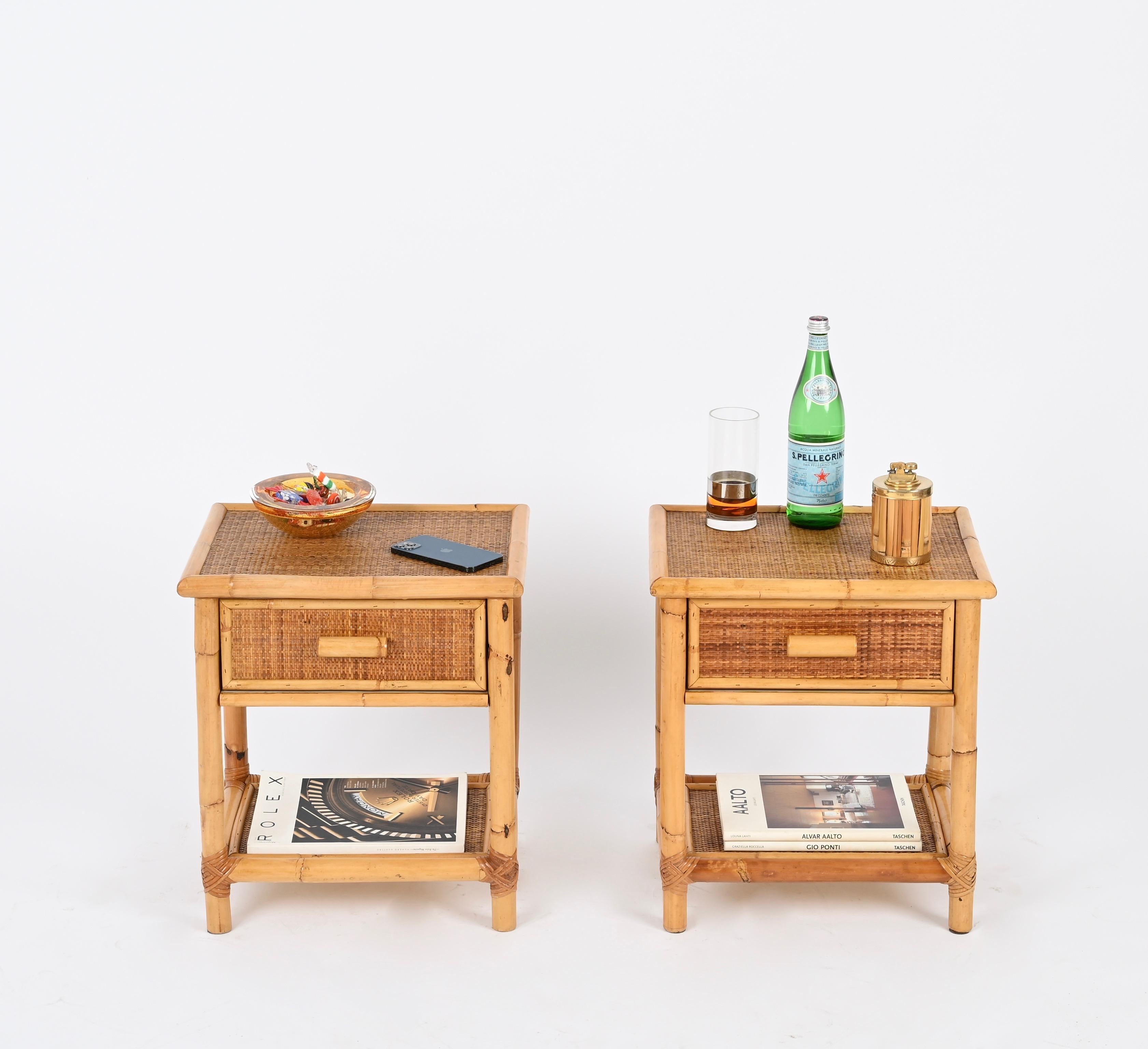 Fantastic pair of Mid-Century bedside tables in bamboo, hand-woven wicker and rattan. These lovely bedside tables were designed in Italy in the 1970s.

These gorgeous and sturdy nightstands are in amazing conditions, entirely made of bamboo canes