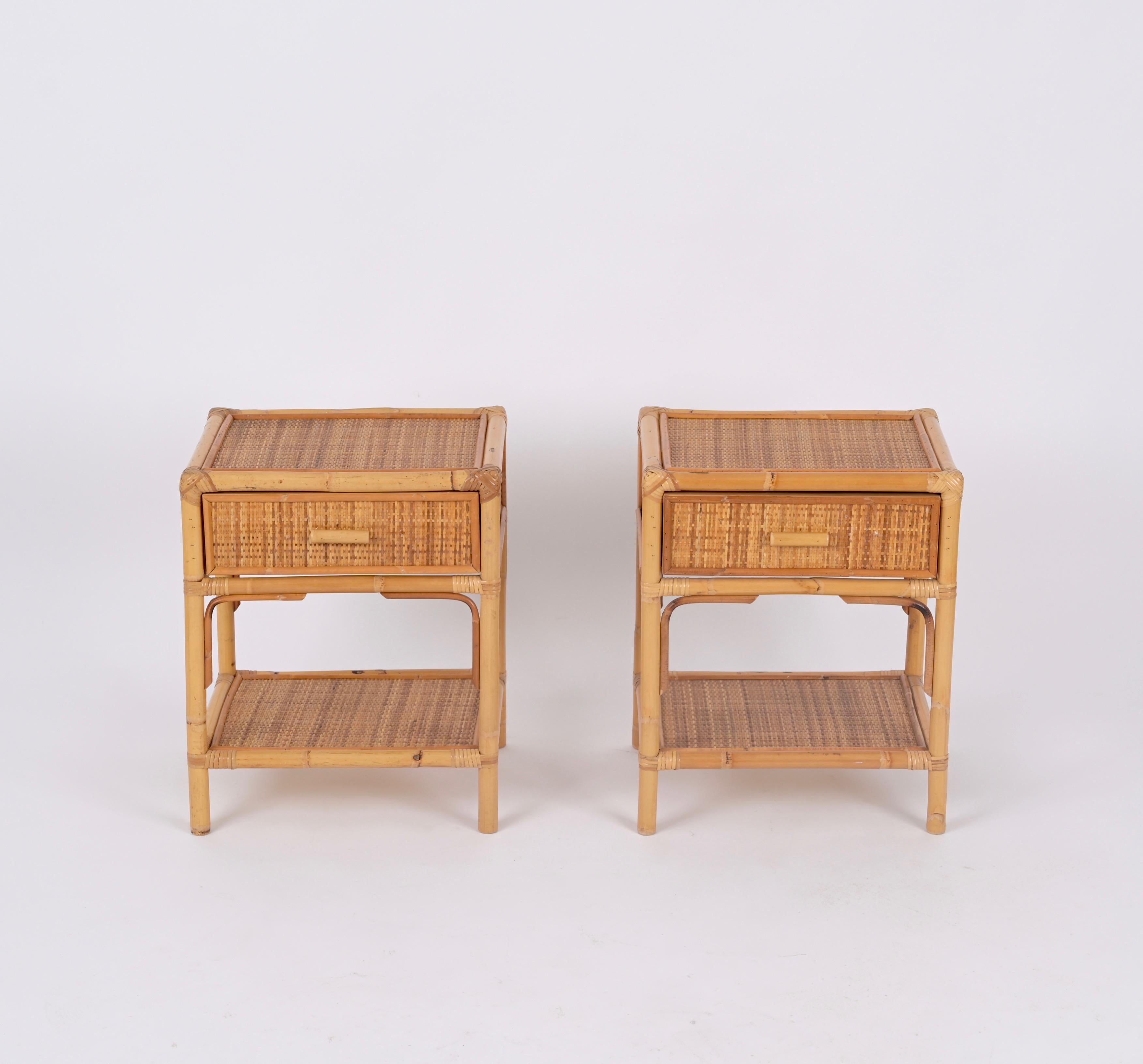 Mid-Century Modern Pair of French Riviera Nightstands in Rattan, Bamboo and Wicker, Italy 1970s