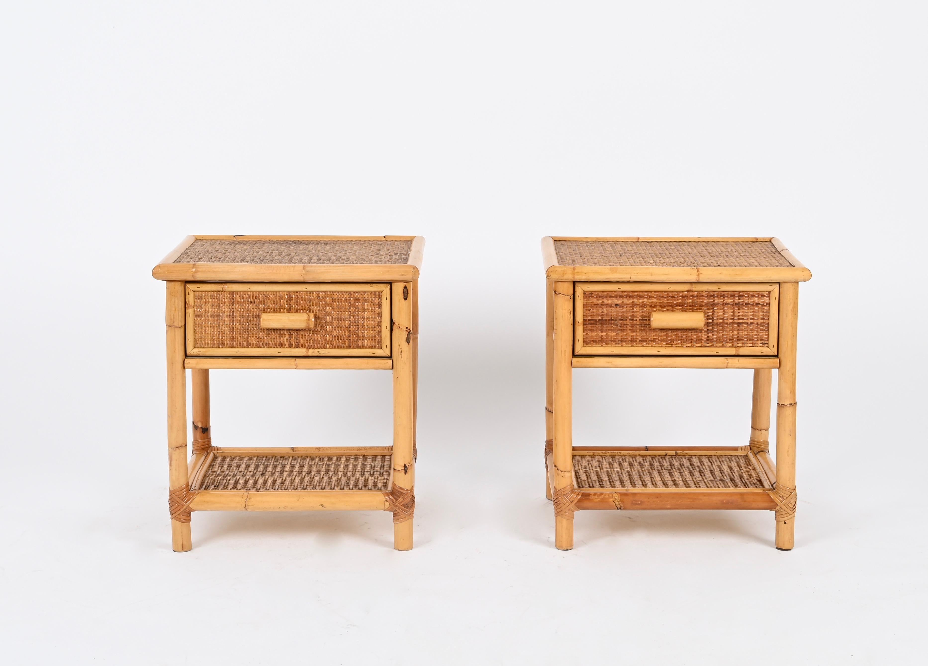 Mid-Century Modern Pair of French Riviera Nightstands in Rattan, Bamboo and Wicker, Italy 1970s