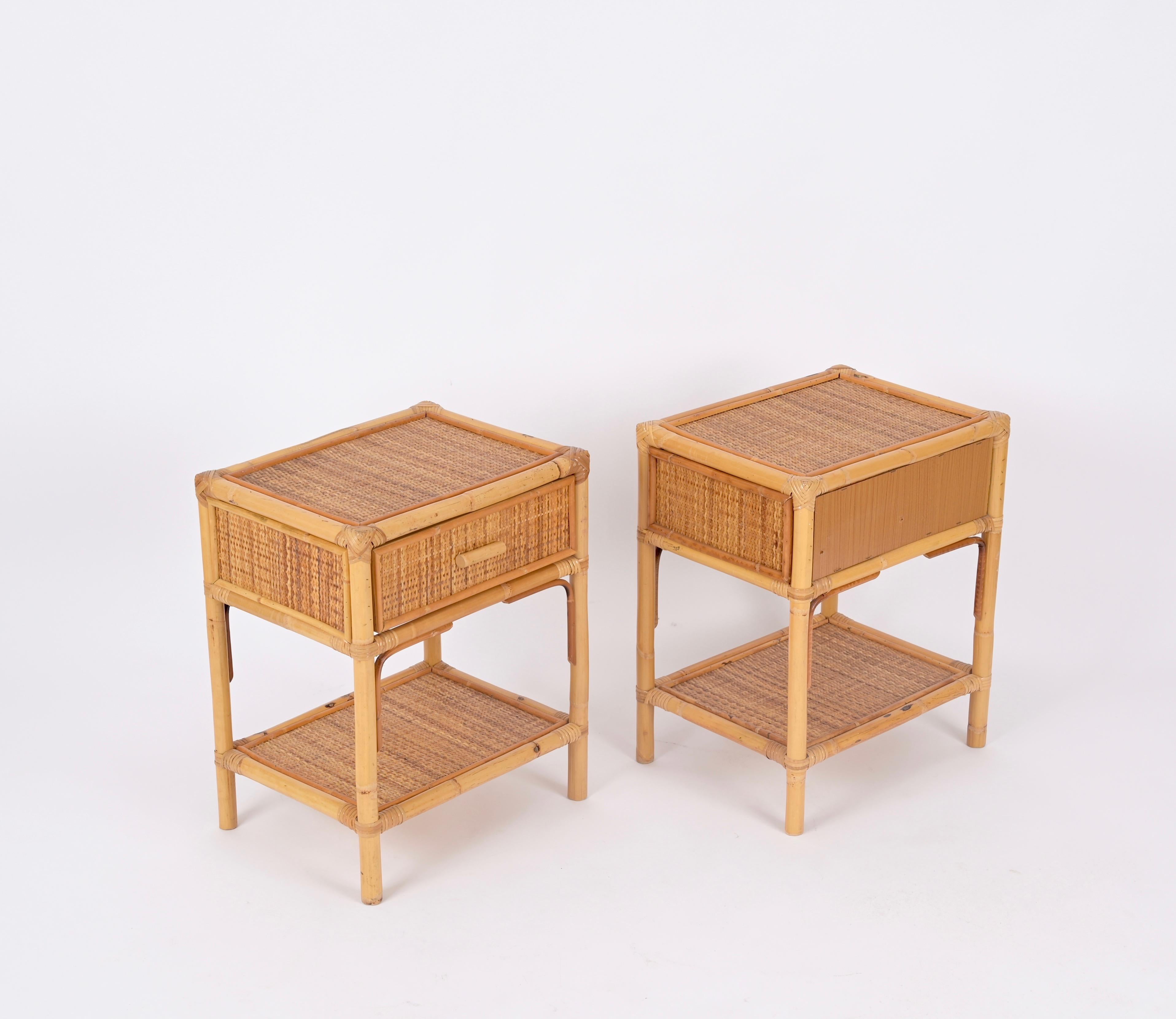 Italian Pair of French Riviera Nightstands in Rattan, Bamboo and Wicker, Italy 1970s