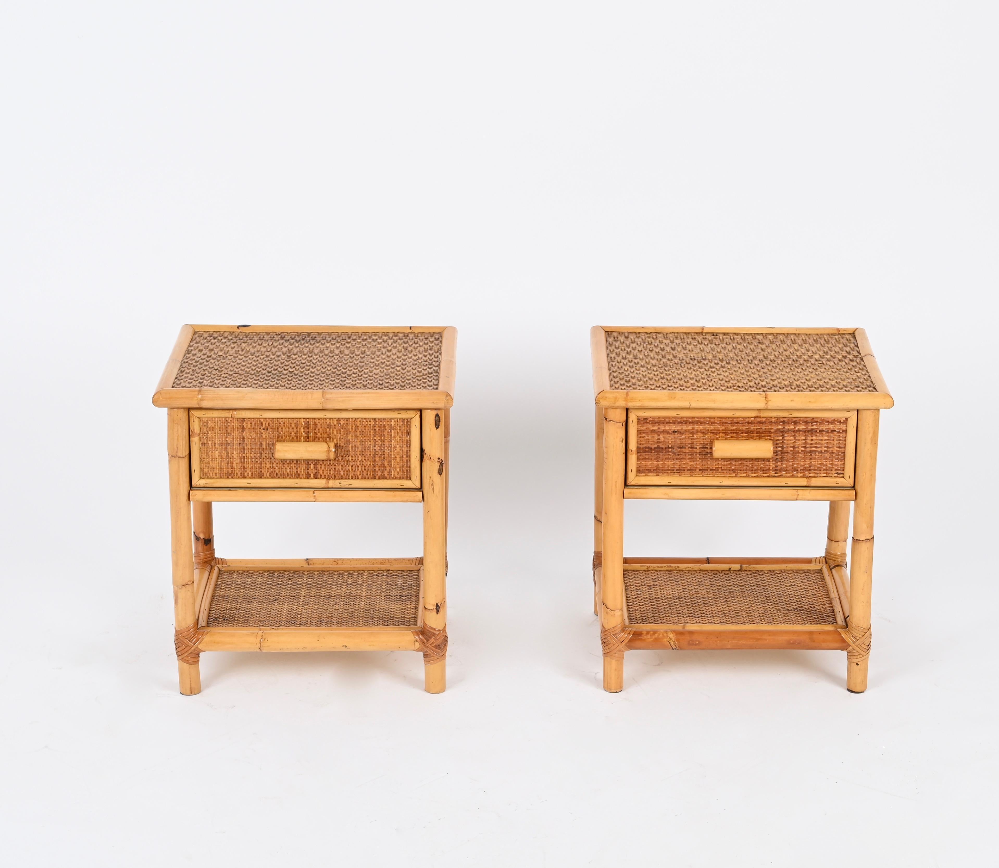 Italian Pair of French Riviera Nightstands in Rattan, Bamboo and Wicker, Italy 1970s