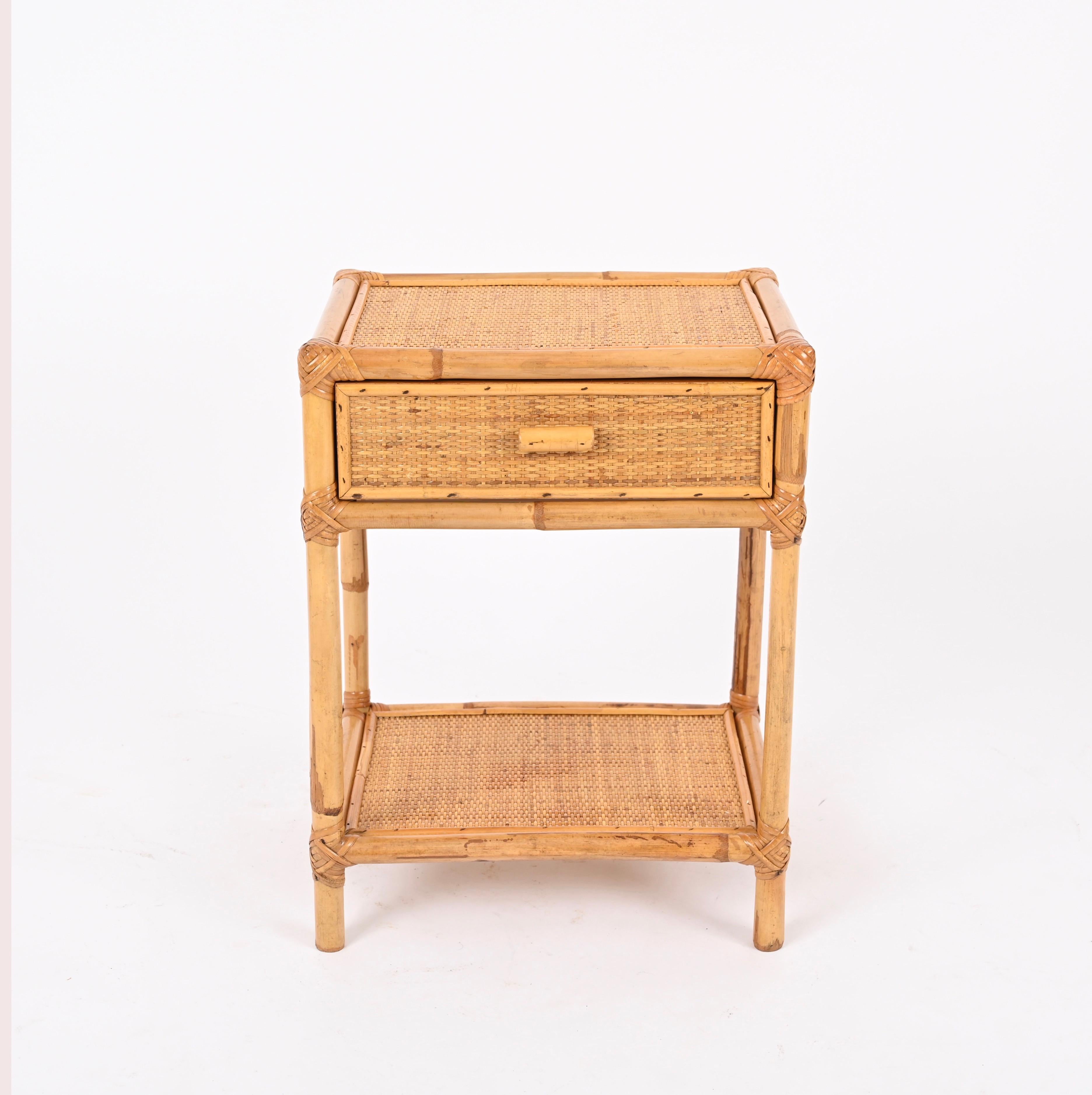Hand-Crafted Pair of French Riviera Nightstands in Rattan, Bamboo and Wicker, Italy 1970s