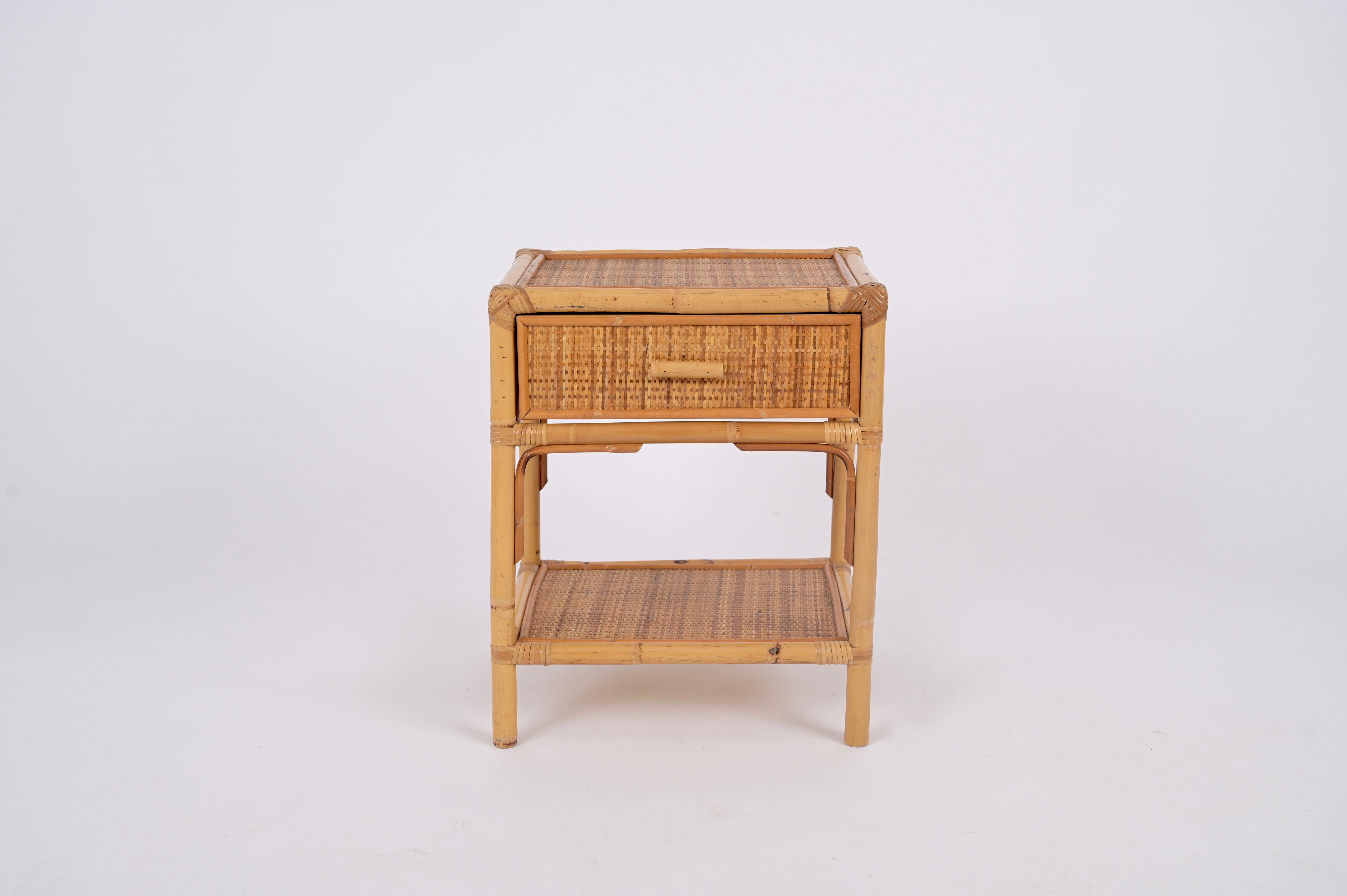 Hand-Woven Pair of French Riviera Nightstands in Rattan, Bamboo and Wicker, Italy 1970s