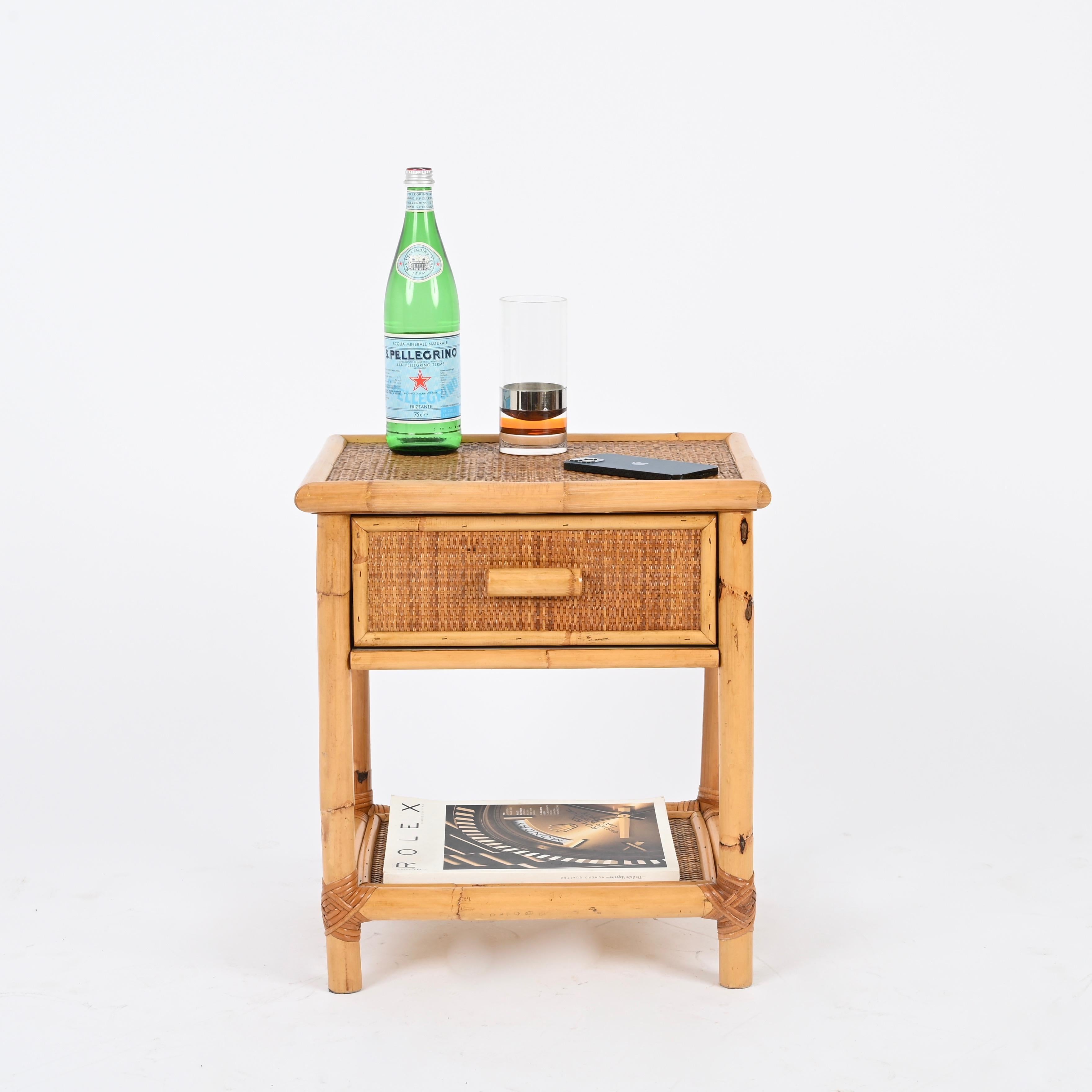 Hand-Crafted Pair of French Riviera Nightstands in Rattan, Bamboo and Wicker, Italy 1970s