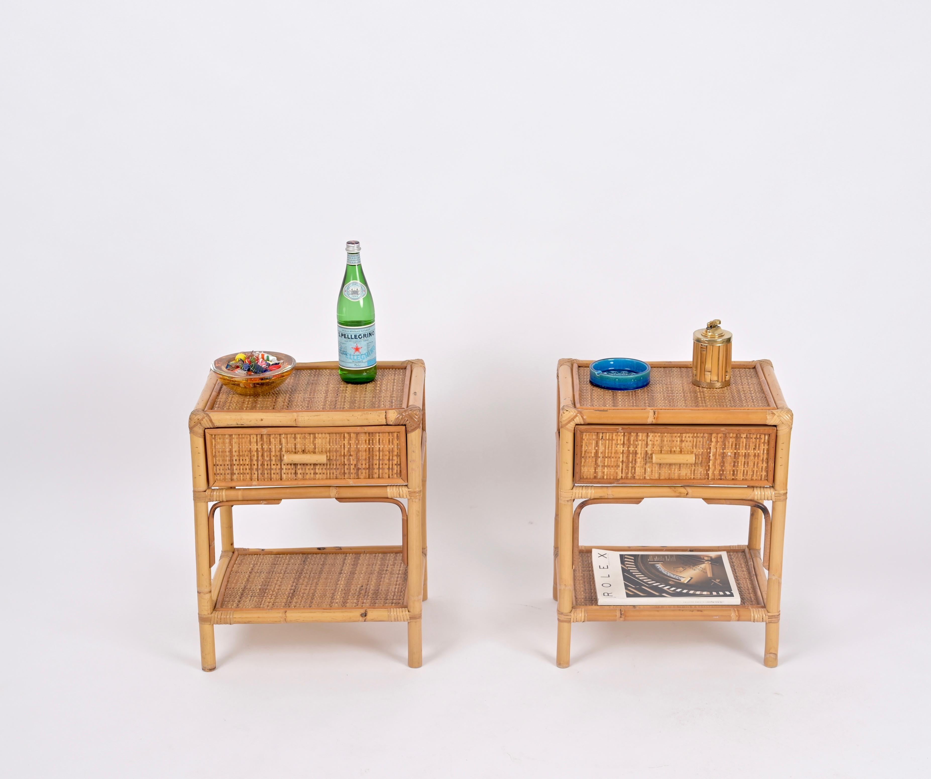 20th Century Pair of French Riviera Nightstands in Rattan, Bamboo and Wicker, Italy 1970s