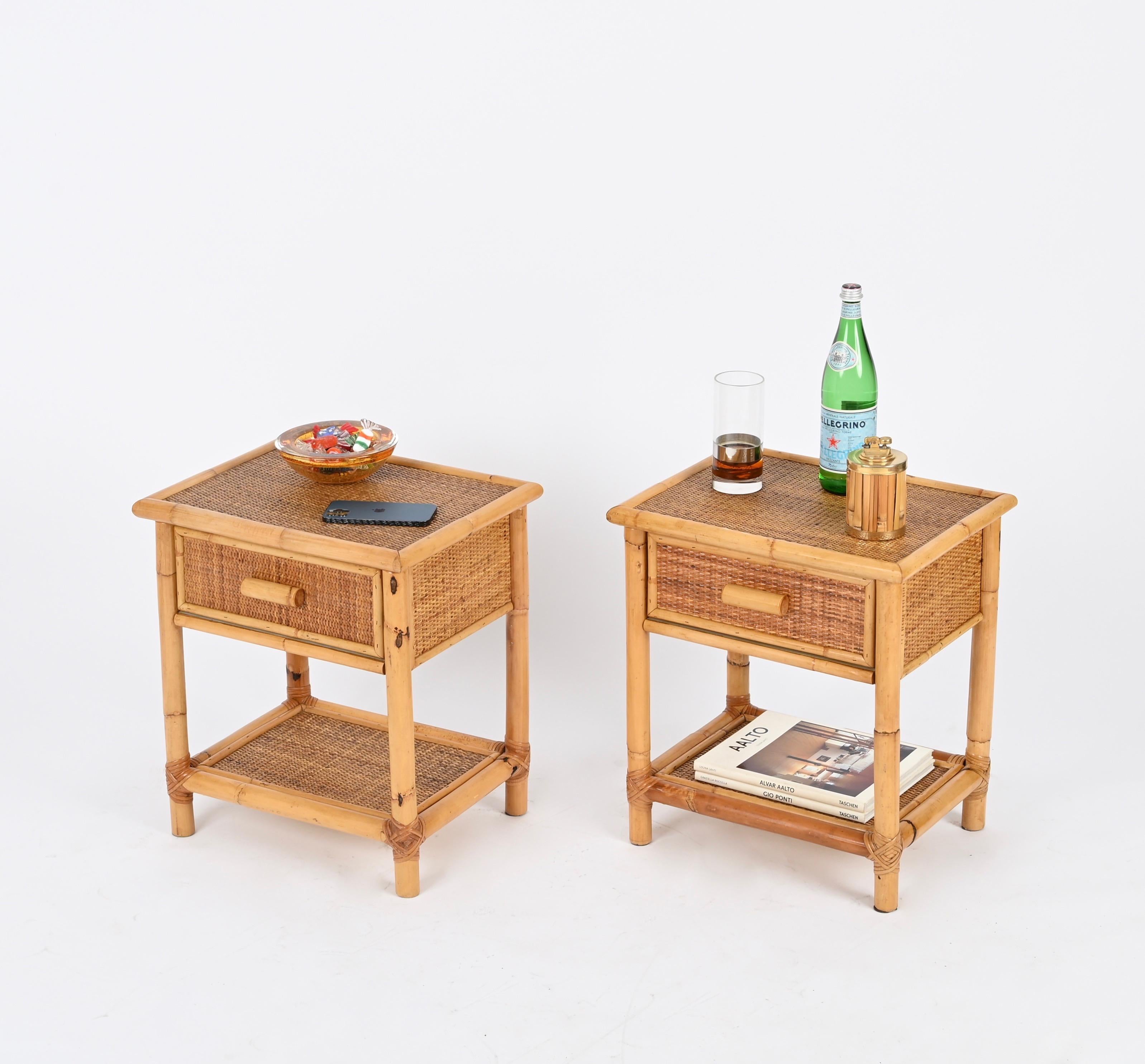 20th Century Pair of French Riviera Nightstands in Rattan, Bamboo and Wicker, Italy 1970s