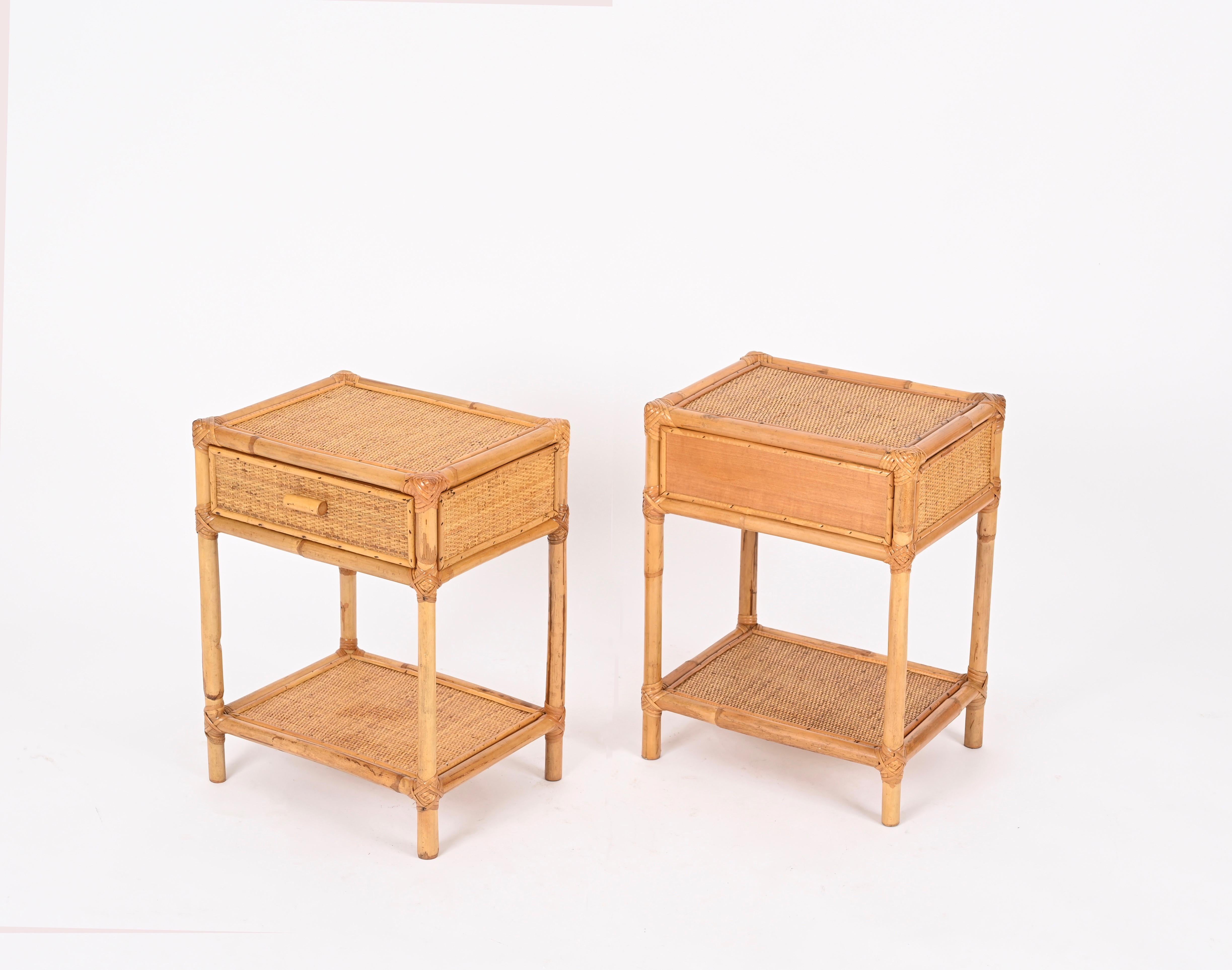 Pair of French Riviera Nightstands in Rattan, Bamboo and Wicker, Italy 1970s 2