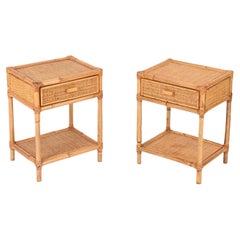 Pair of French Riviera Nightstands in Rattan, Bamboo and Wicker, Italy 1970s