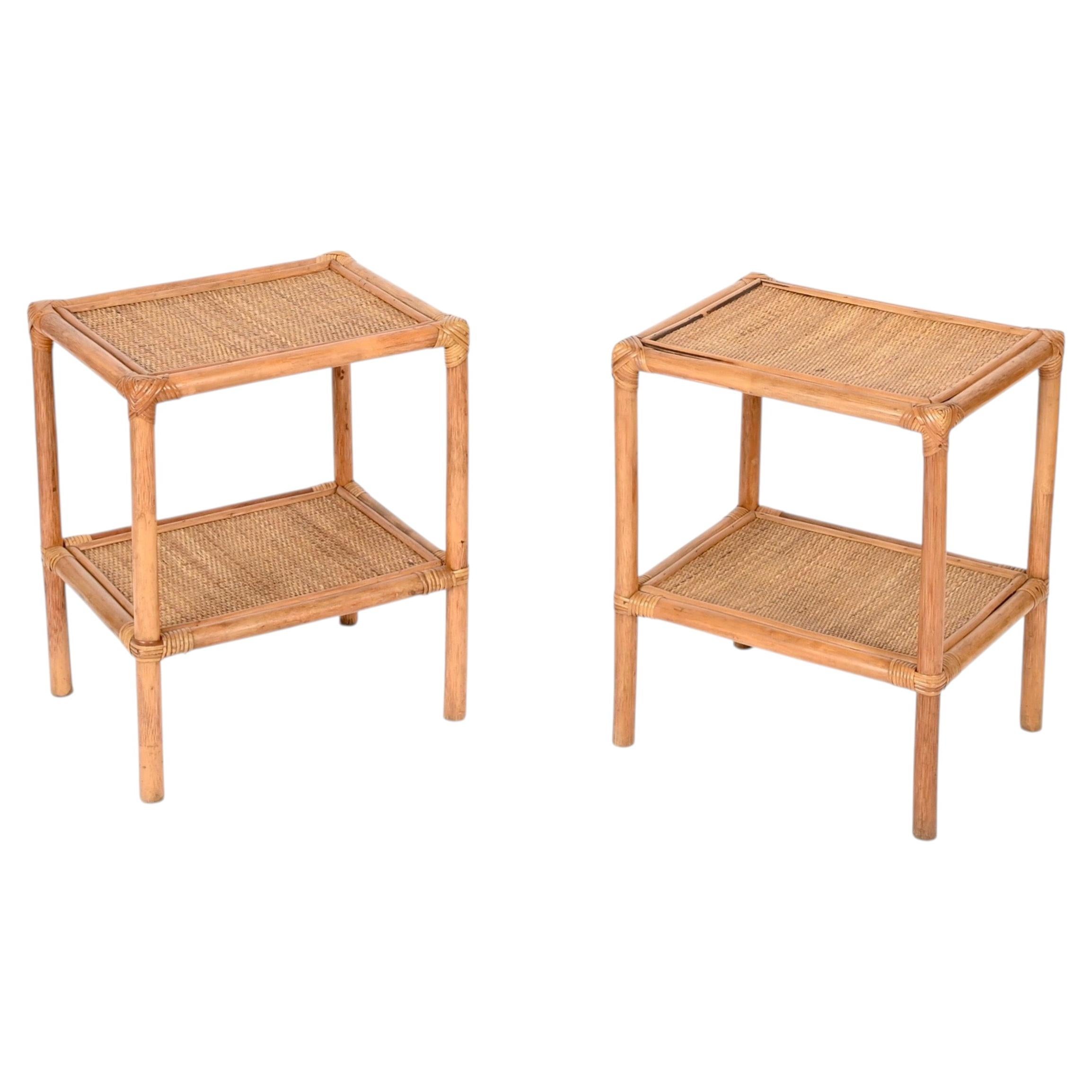 Pair of French Riviera Nightstands or Side Tables in Bamboo, Rattan, Italy, 1970