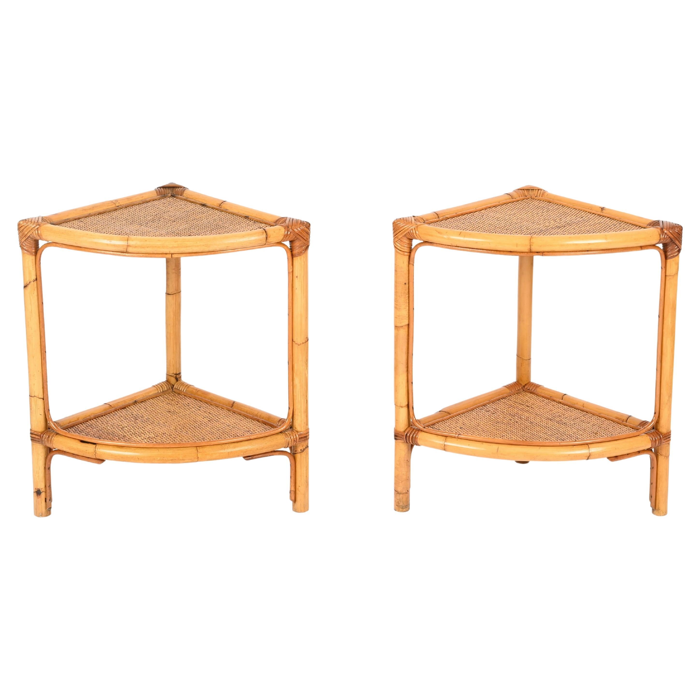 Pair of French Riviera Nightstands or Side Tables in Bamboo, Rattan, Italy 1970s