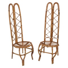 Pair of French Riviera Rattan and Bamboo French High Back Chairs, 1960s