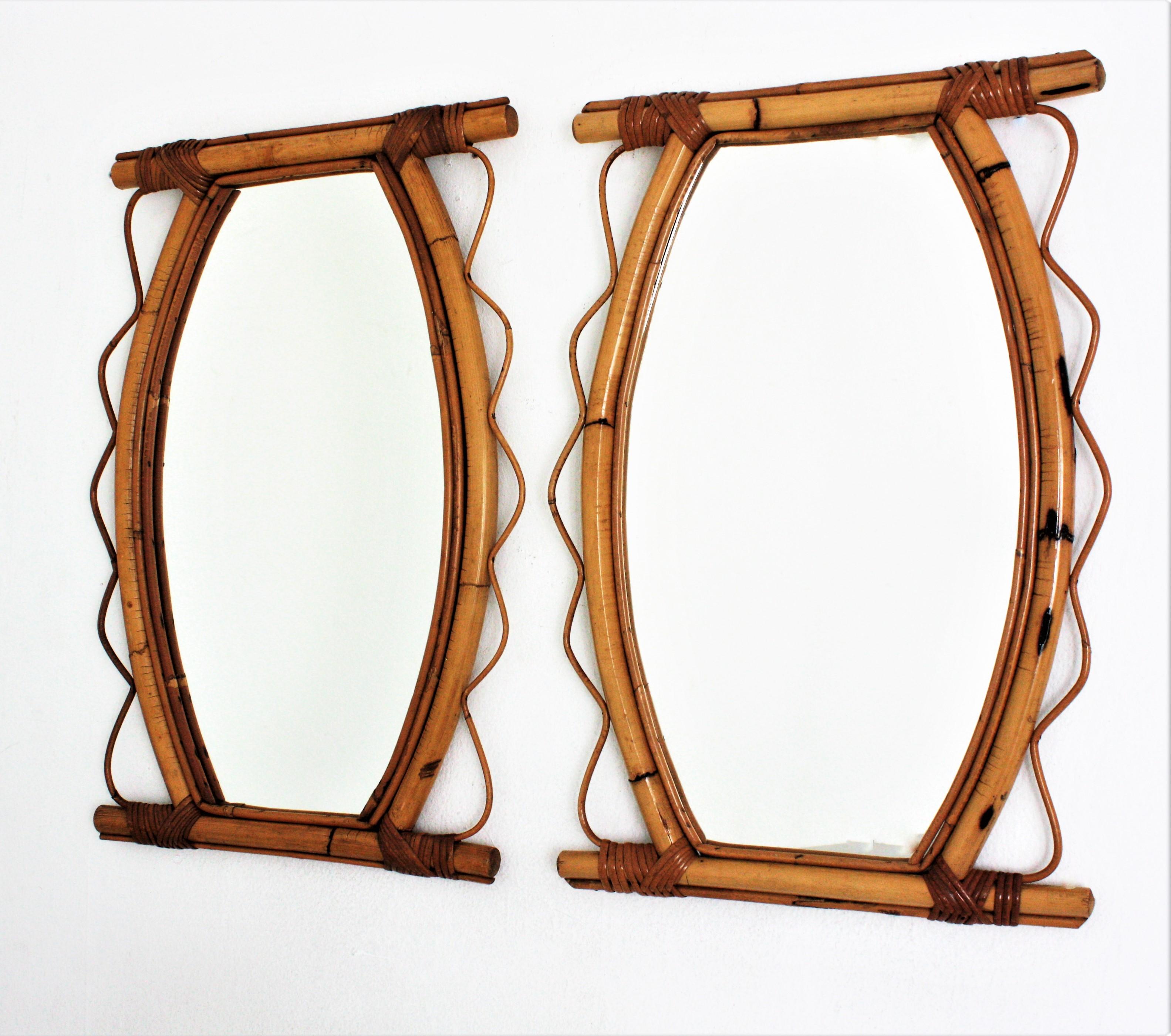 Pair of French Riviera Rattan Mirrors, 1950s 3