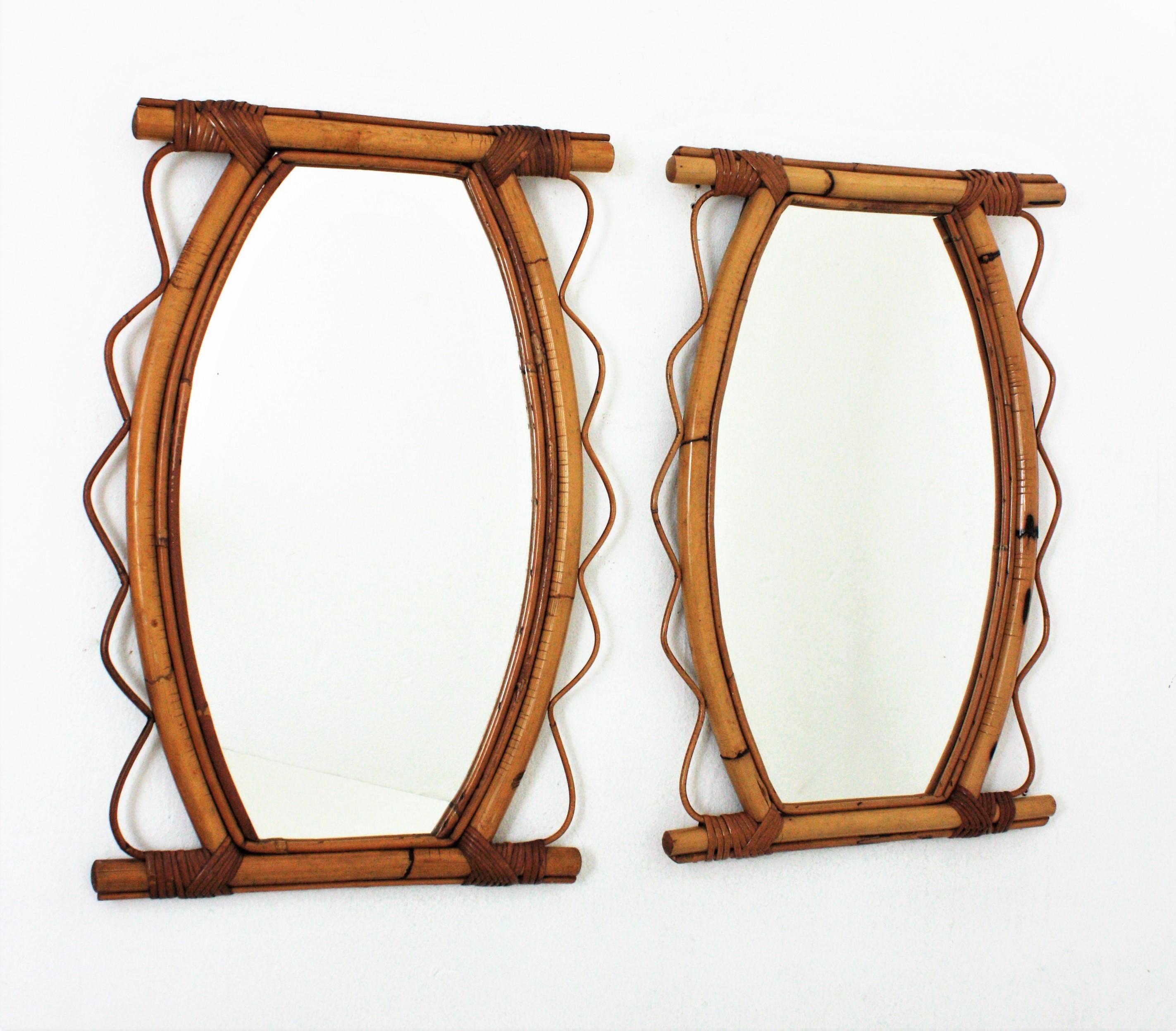 Pair of French Riviera Rattan Mirrors, 1950s 5