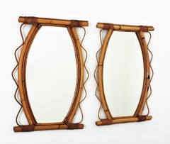 Pair of French Riviera Rattan Mirrors, 1950s