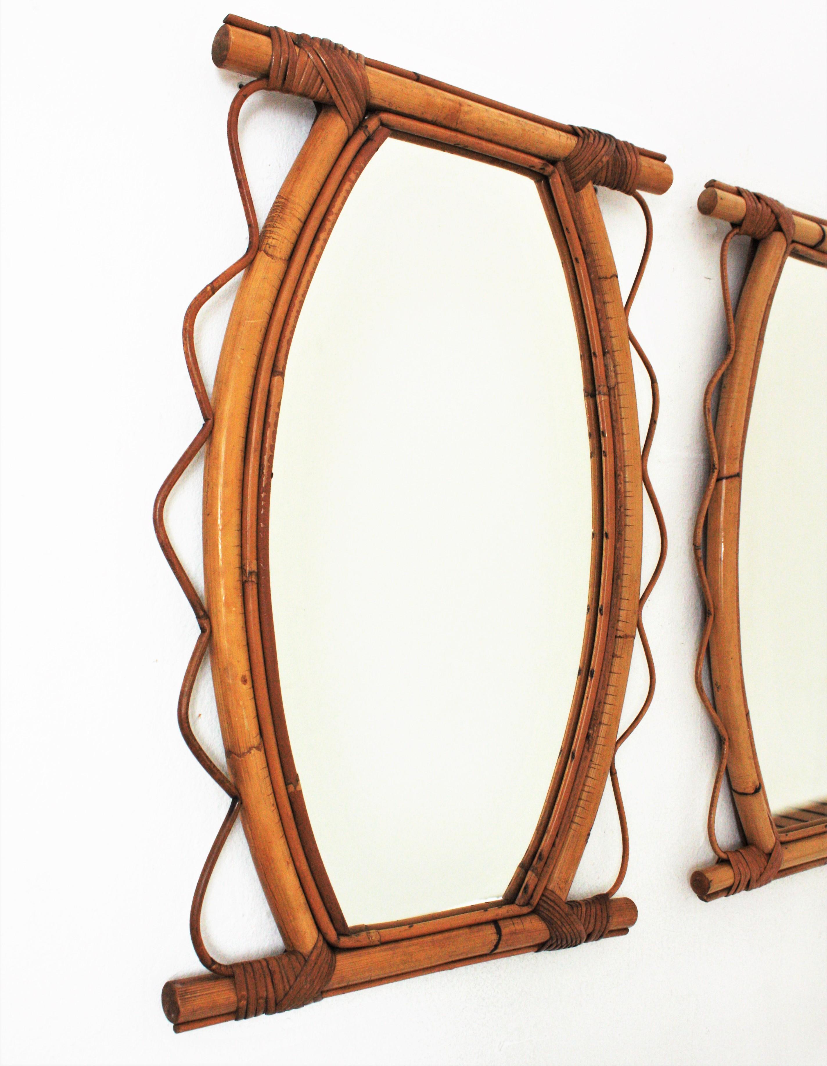 Hand-Crafted Pair of French Riviera Rattan Mirrors, 1950s