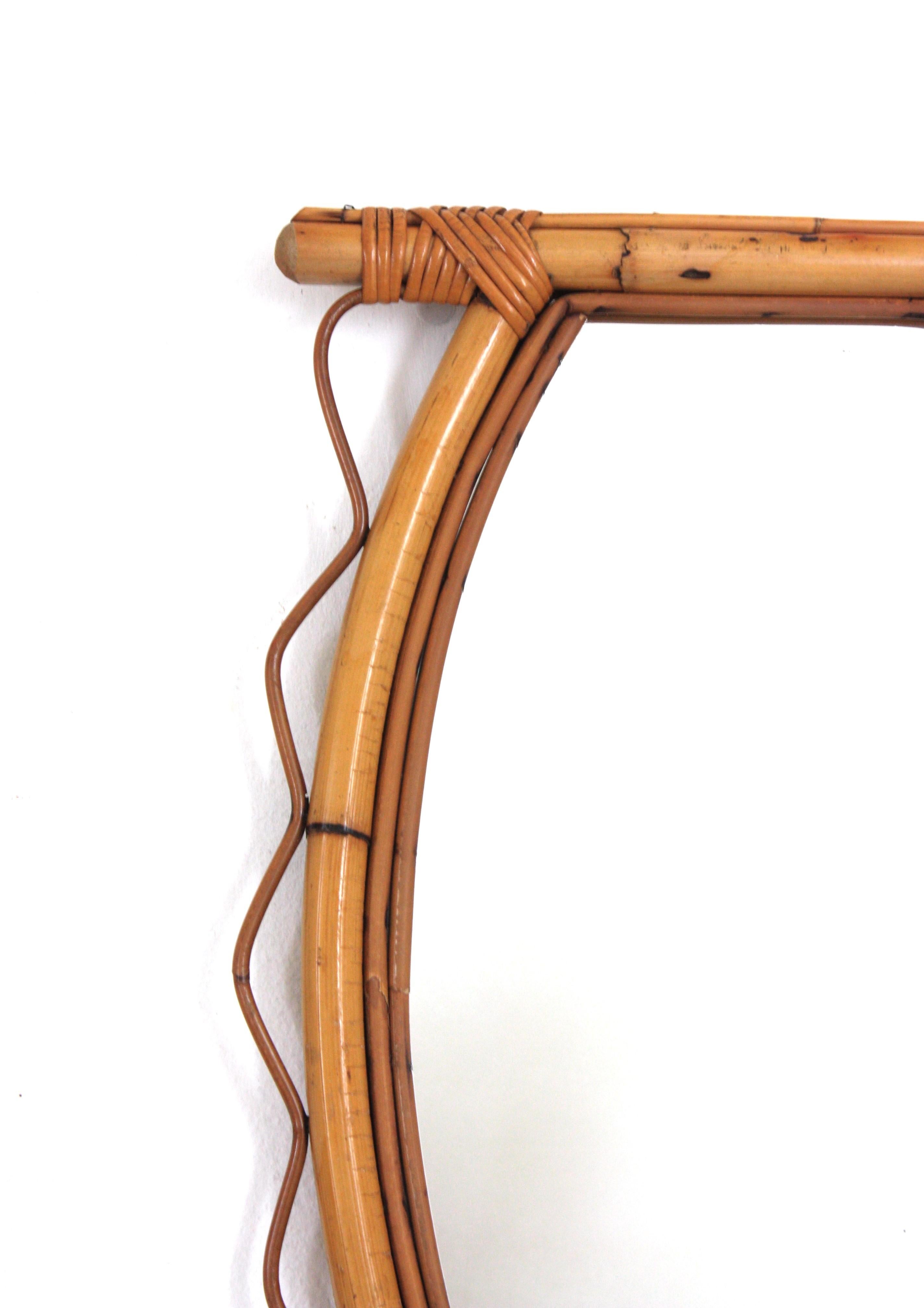Pair of French Riviera Rattan Mirrors with Jagged Frame, 1950s For Sale 3