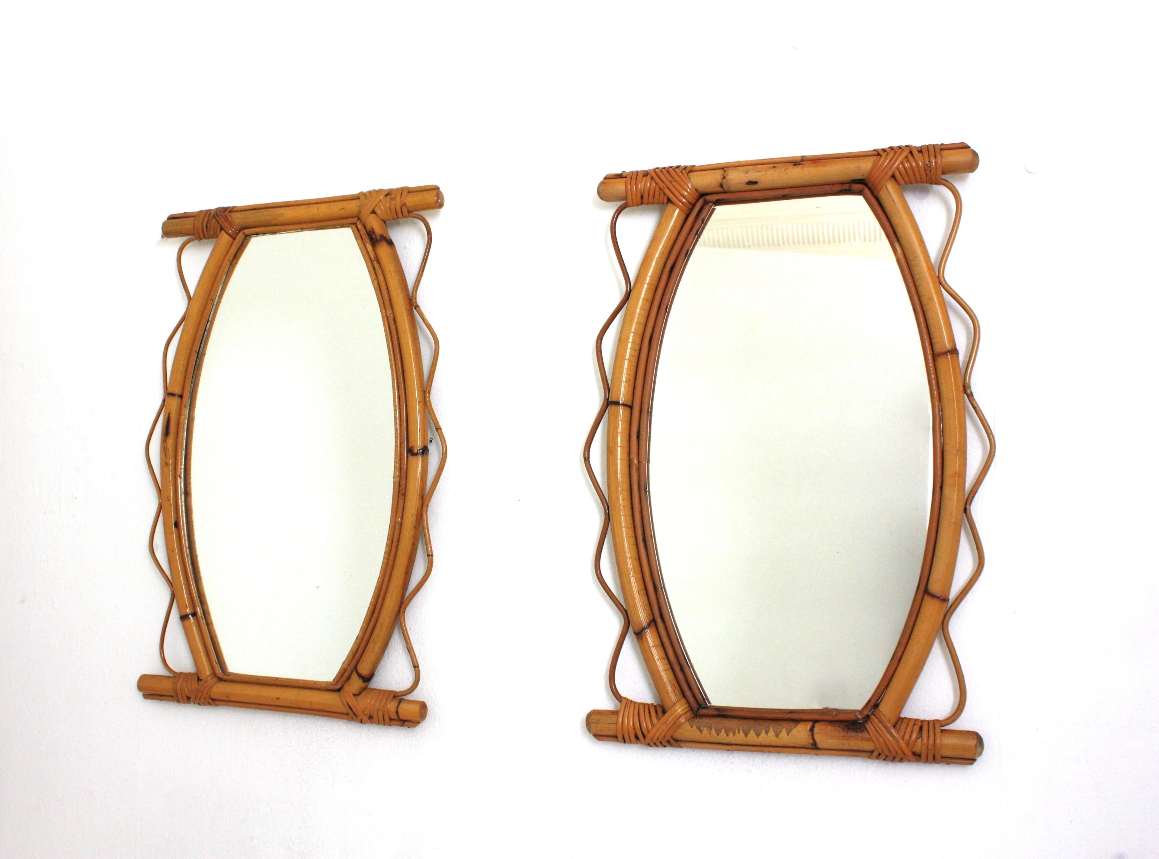 Pair of French Riviera Rattan Mirrors with Jagged Frame, 1950s For Sale 5