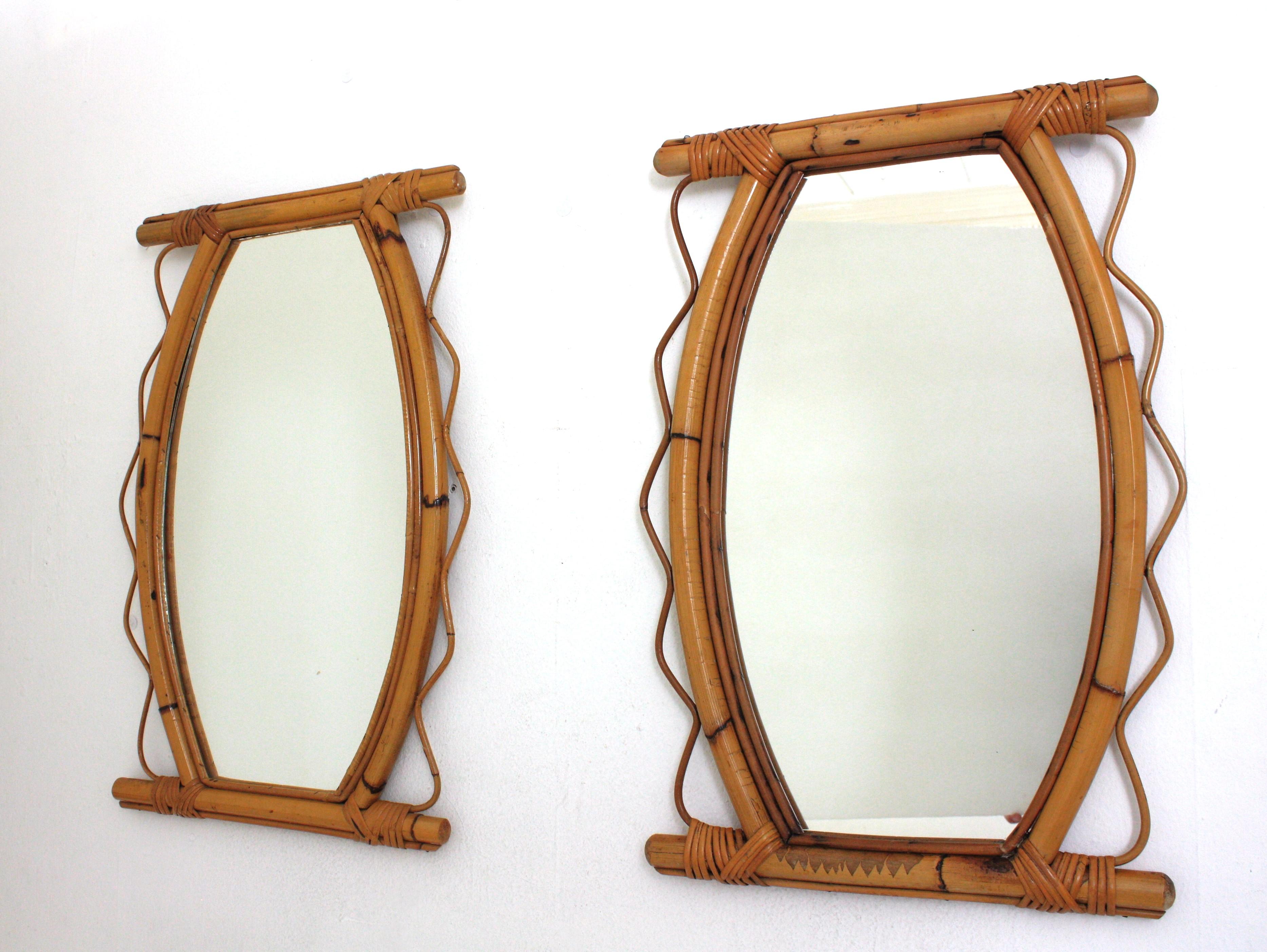 Pair of French Riviera Rattan Mirrors with Jagged Frame, 1950s For Sale 6