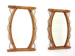 Pair of French Riviera Rattan Mirrors with Jagged Frame, 1950s