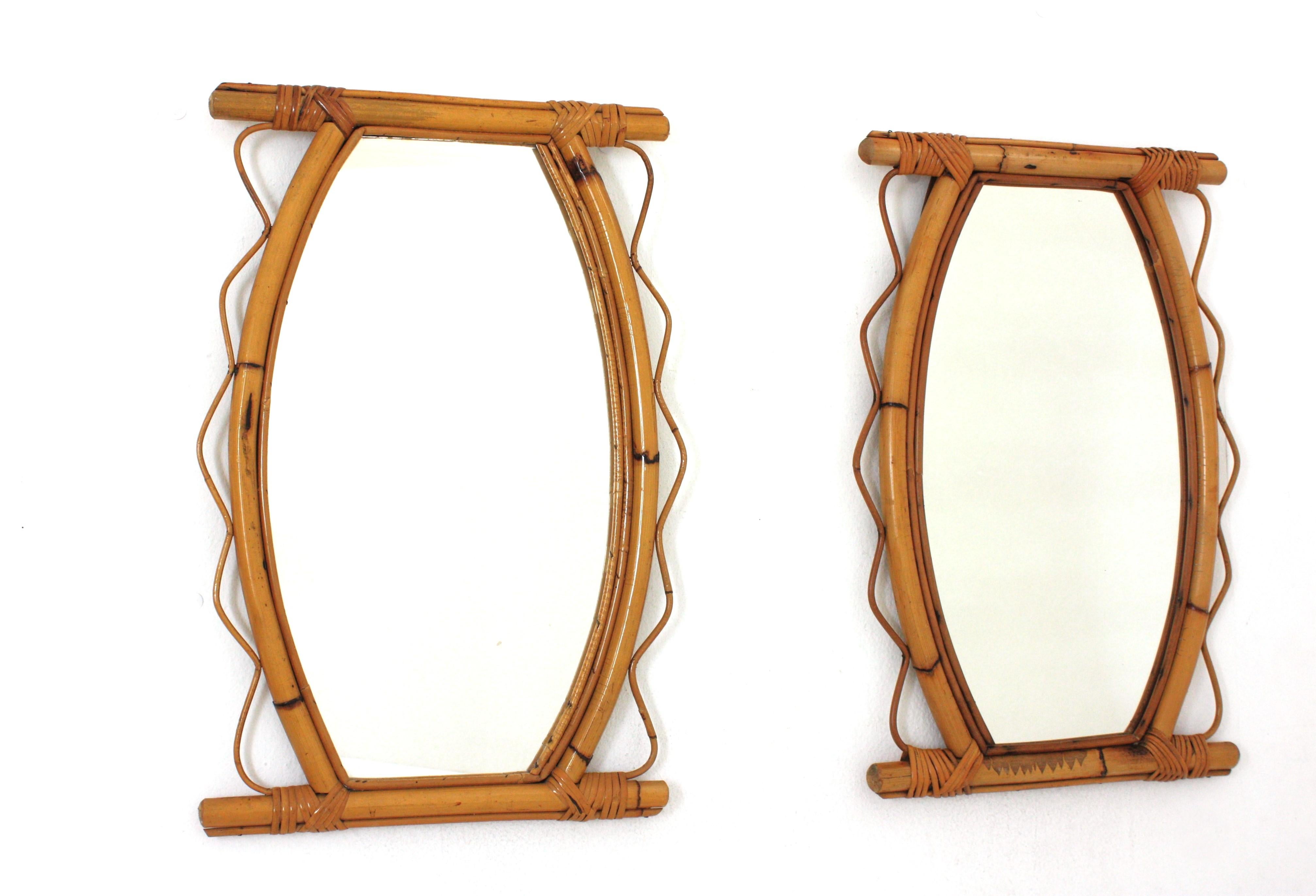Mid-Century Modern Pair of French Riviera Rattan Mirrors with Jagged Frame, 1950s For Sale