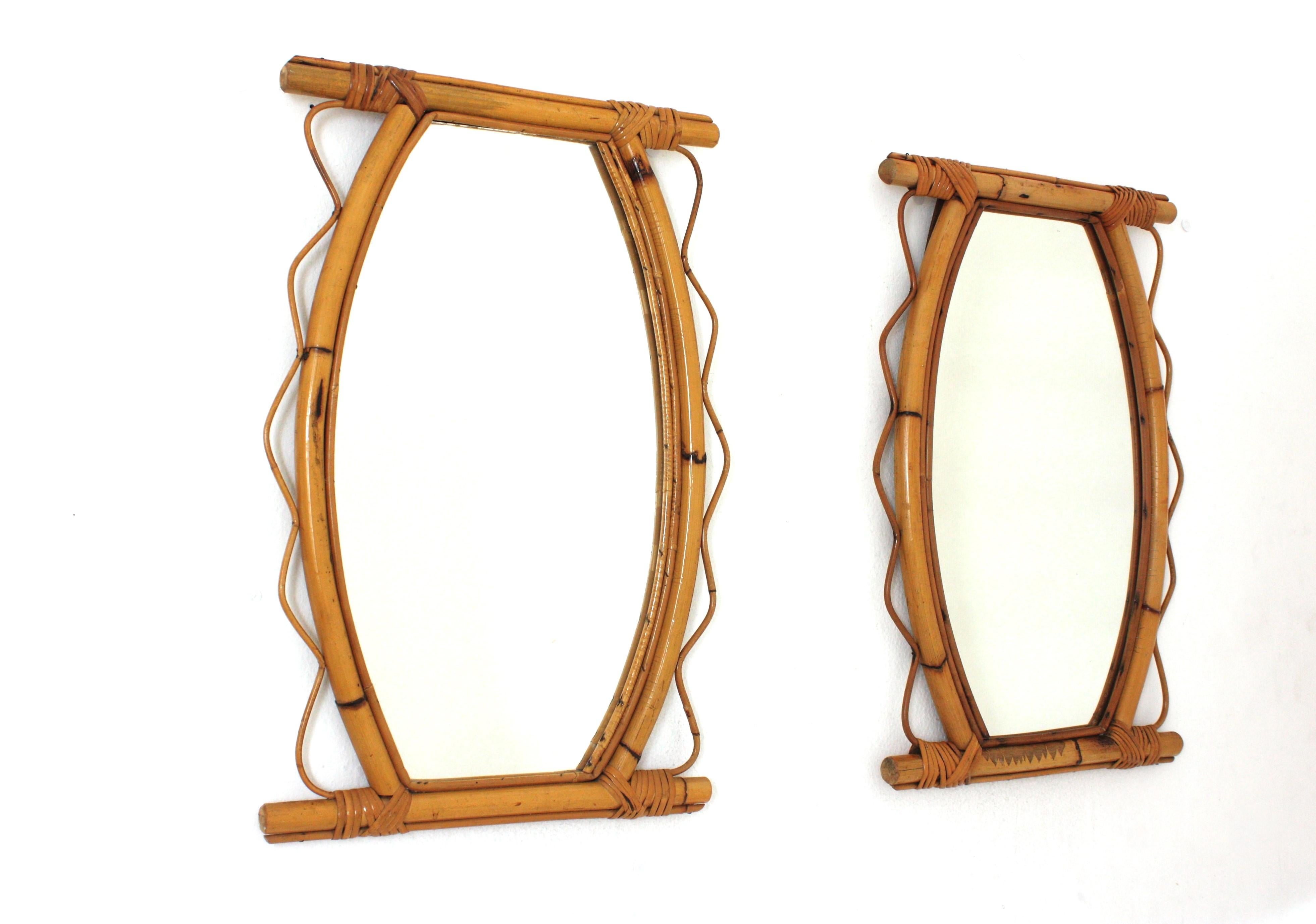 Hand-Crafted Pair of French Riviera Rattan Mirrors with Jagged Frame, 1950s For Sale