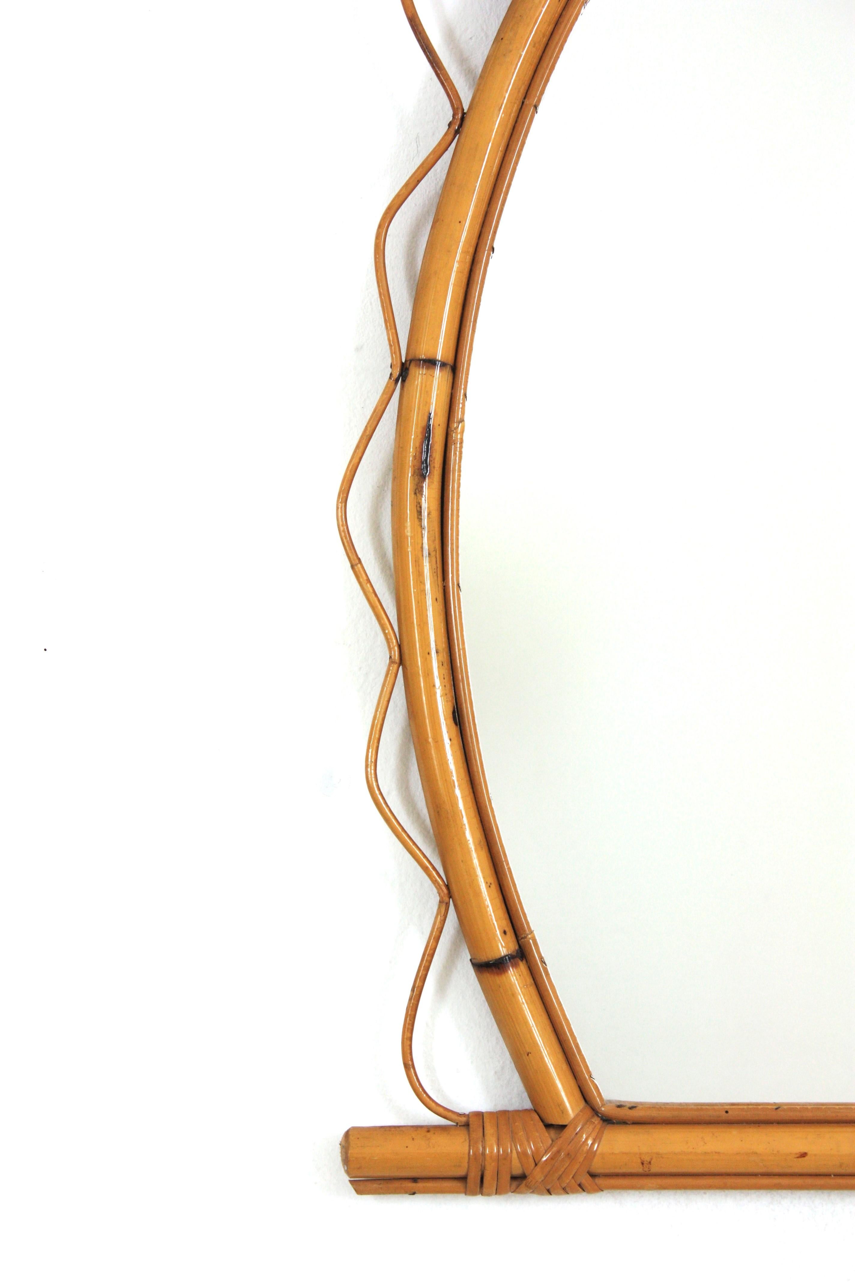 20th Century Pair of French Riviera Rattan Mirrors with Jagged Frame, 1950s For Sale