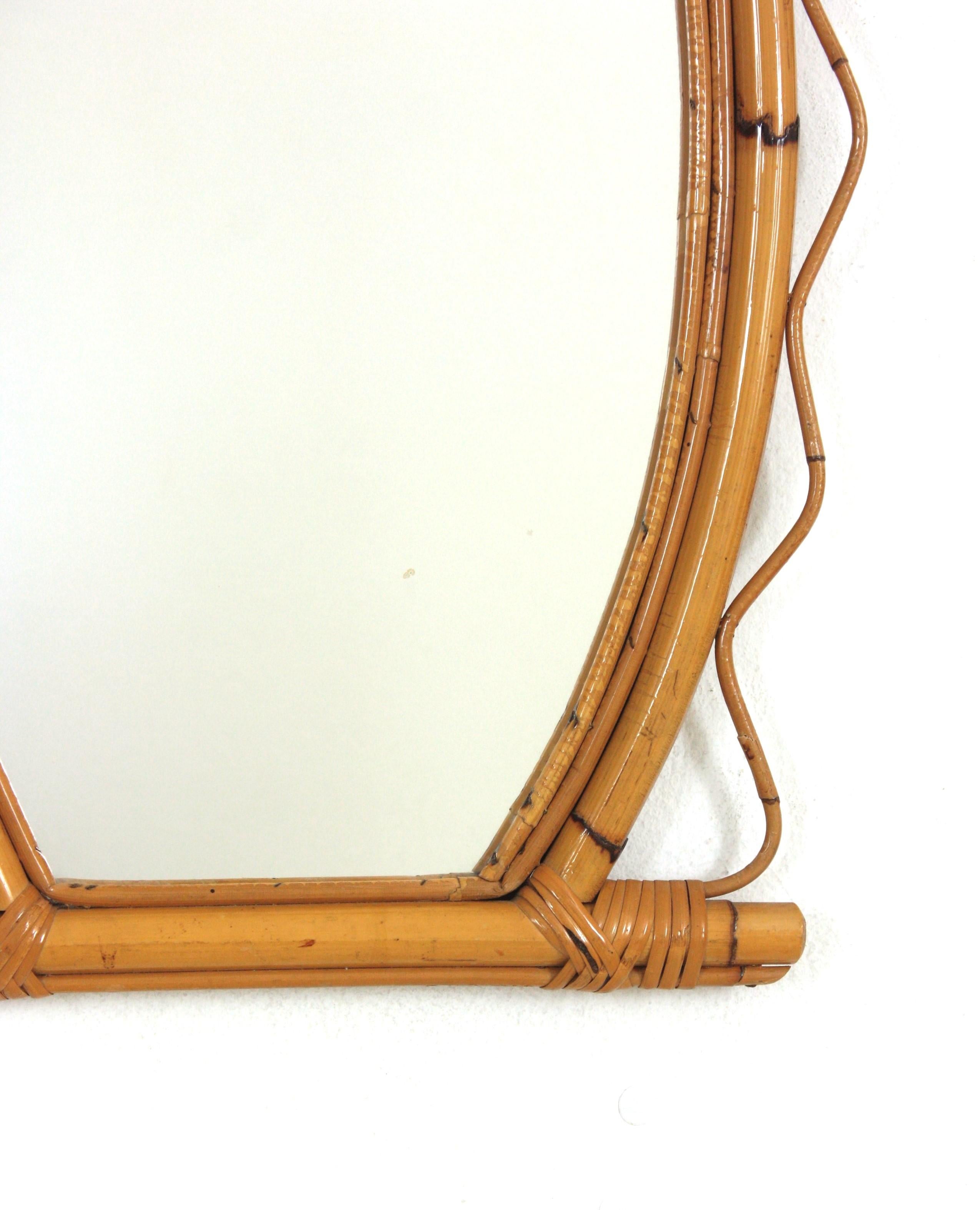 Bamboo Pair of French Riviera Rattan Mirrors with Jagged Frame, 1950s For Sale