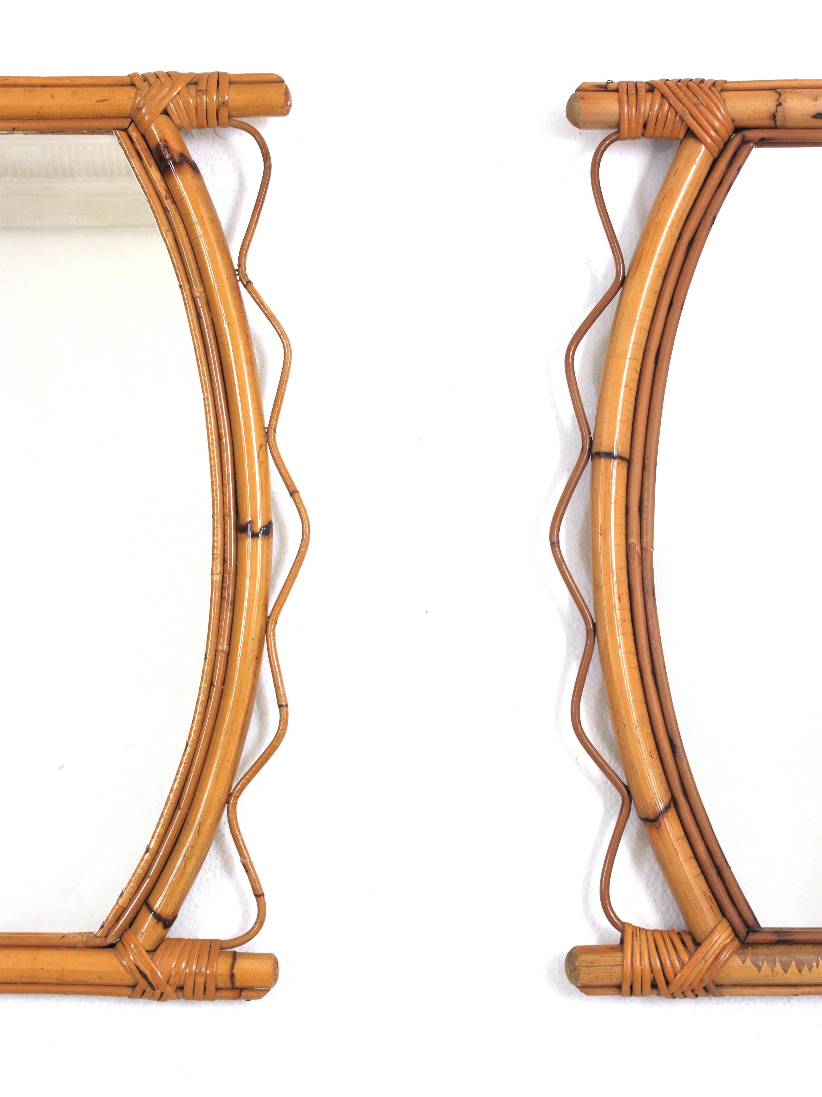 Pair of French Riviera Rattan Mirrors with Jagged Frame, 1950s For Sale 1