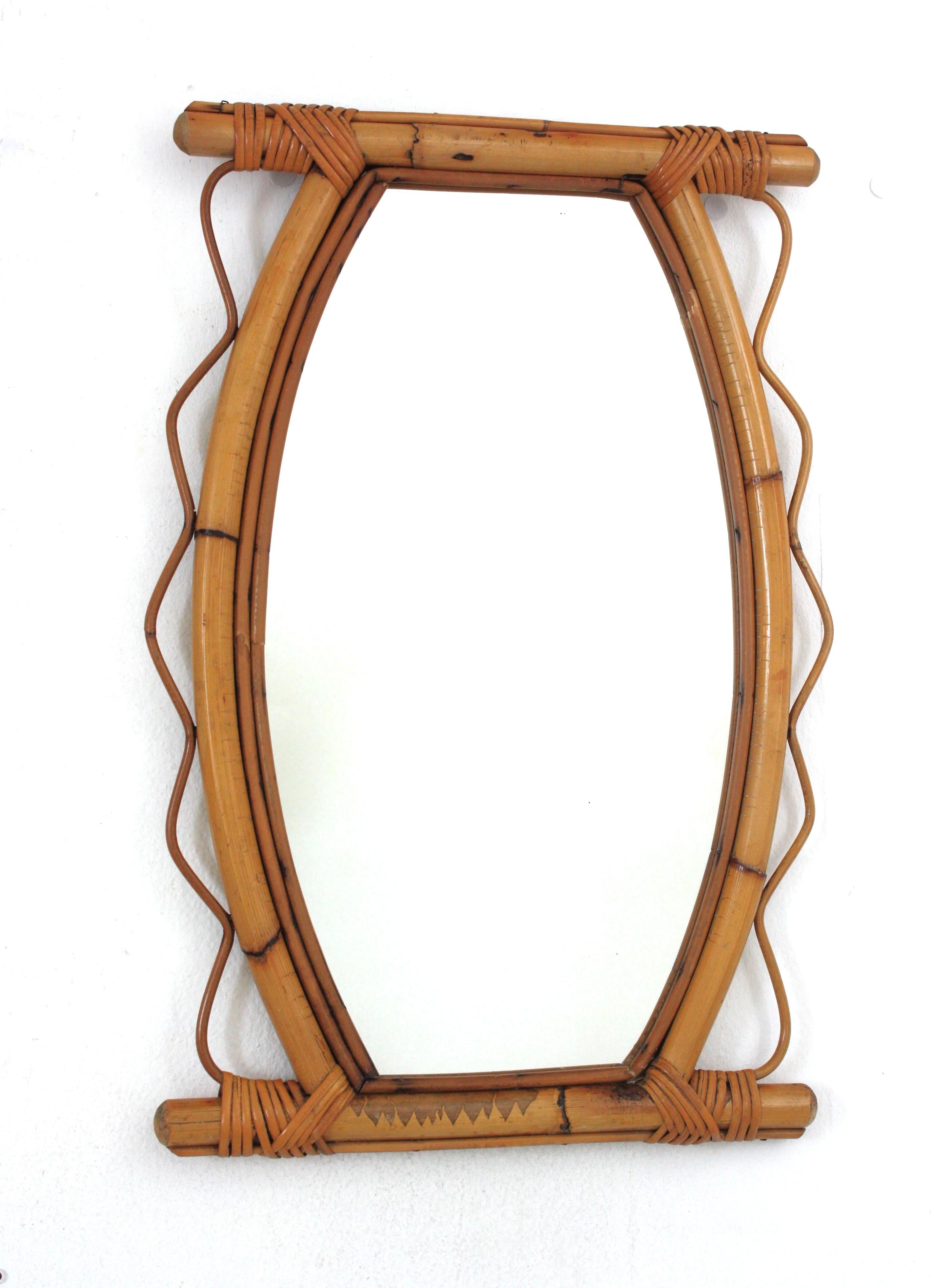 Pair of French Riviera Rattan Mirrors with Jagged Frame, 1950s For Sale 2