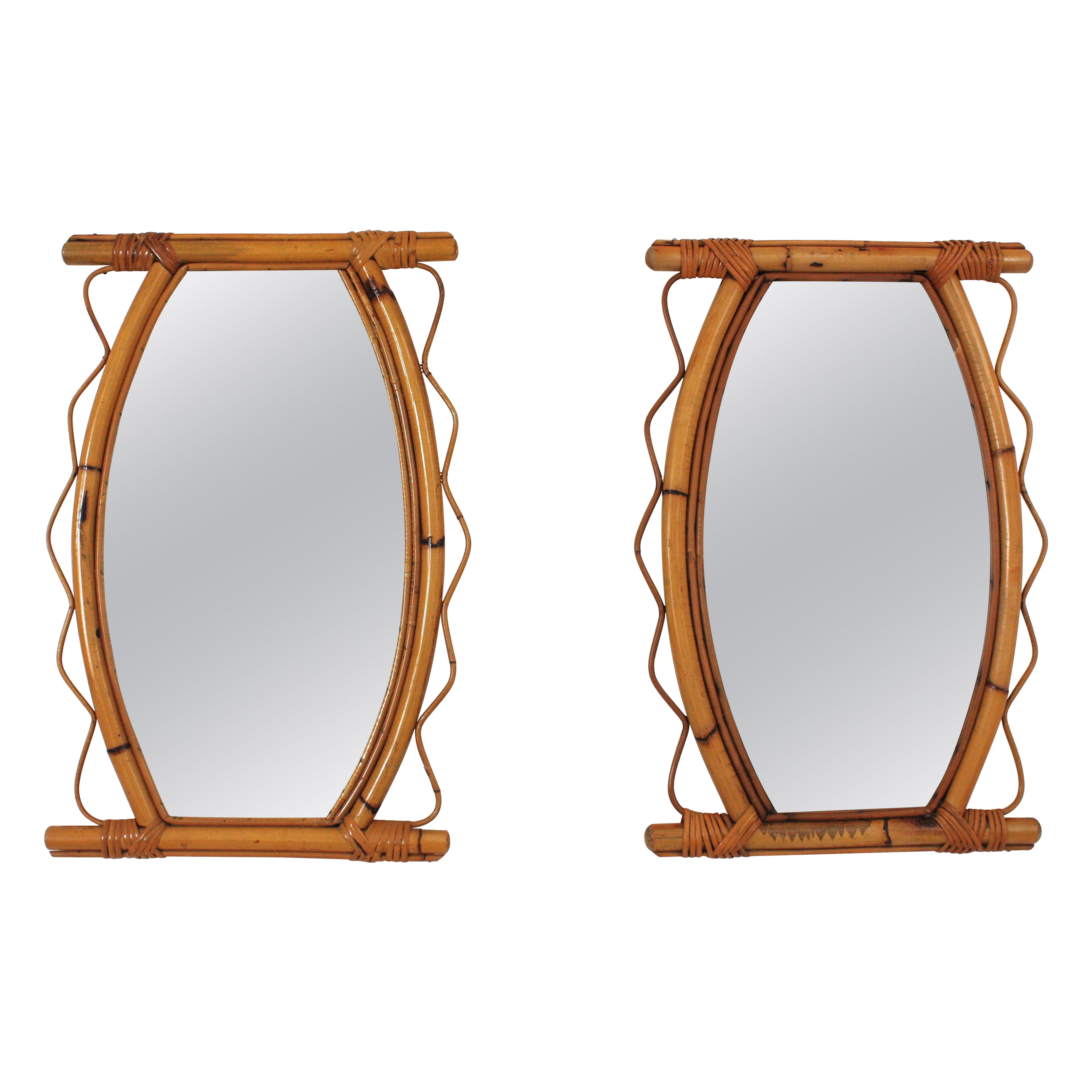 Pair of French Riviera Rattan Mirrors with Jagged Frame, 1950s For Sale