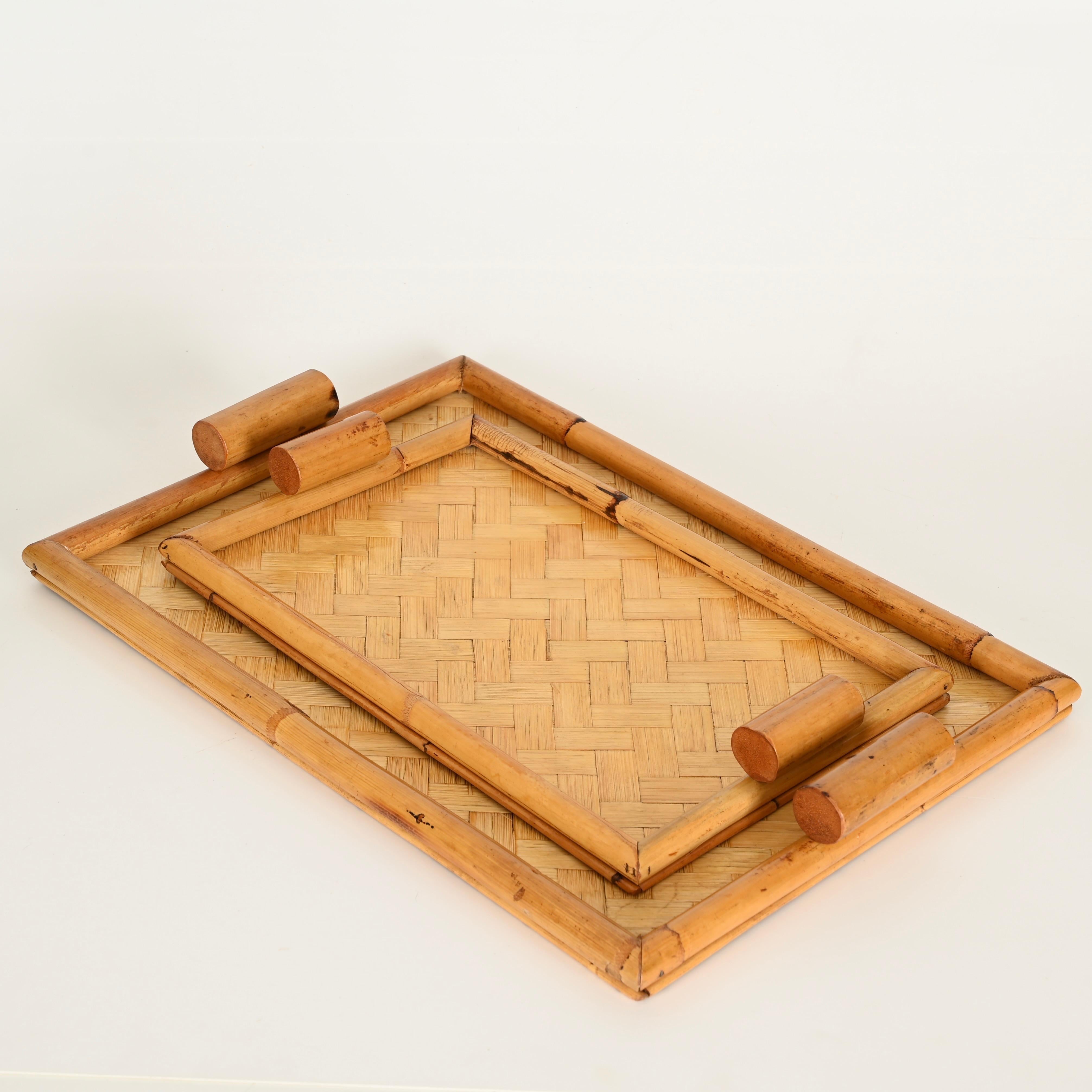 Pair of French Riviera Serving Tray in Bamboo and Rattan, Italy 1960s For Sale 3