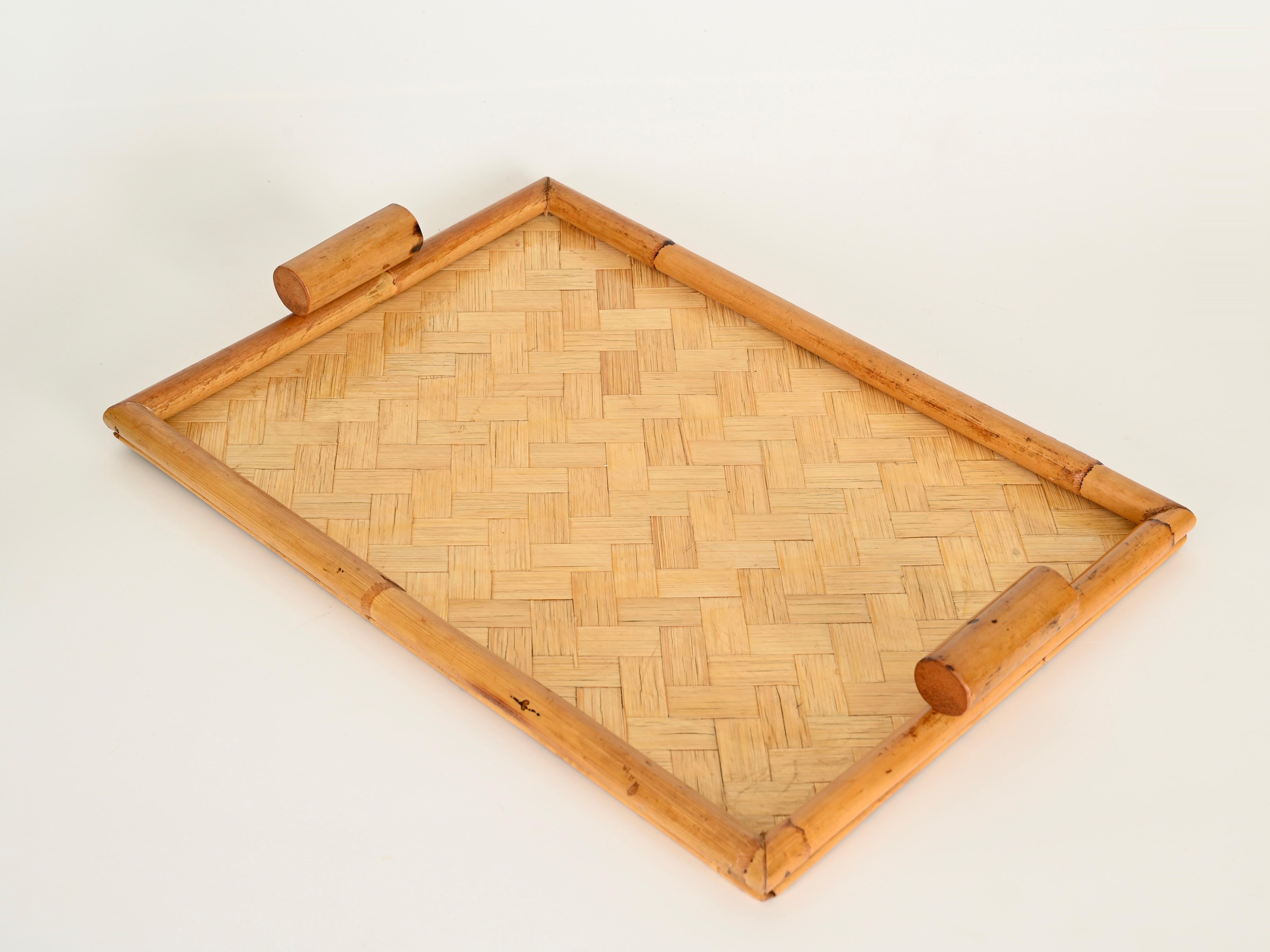 Pair of French Riviera Serving Tray in Bamboo and Rattan, Italy 1960s For Sale 4