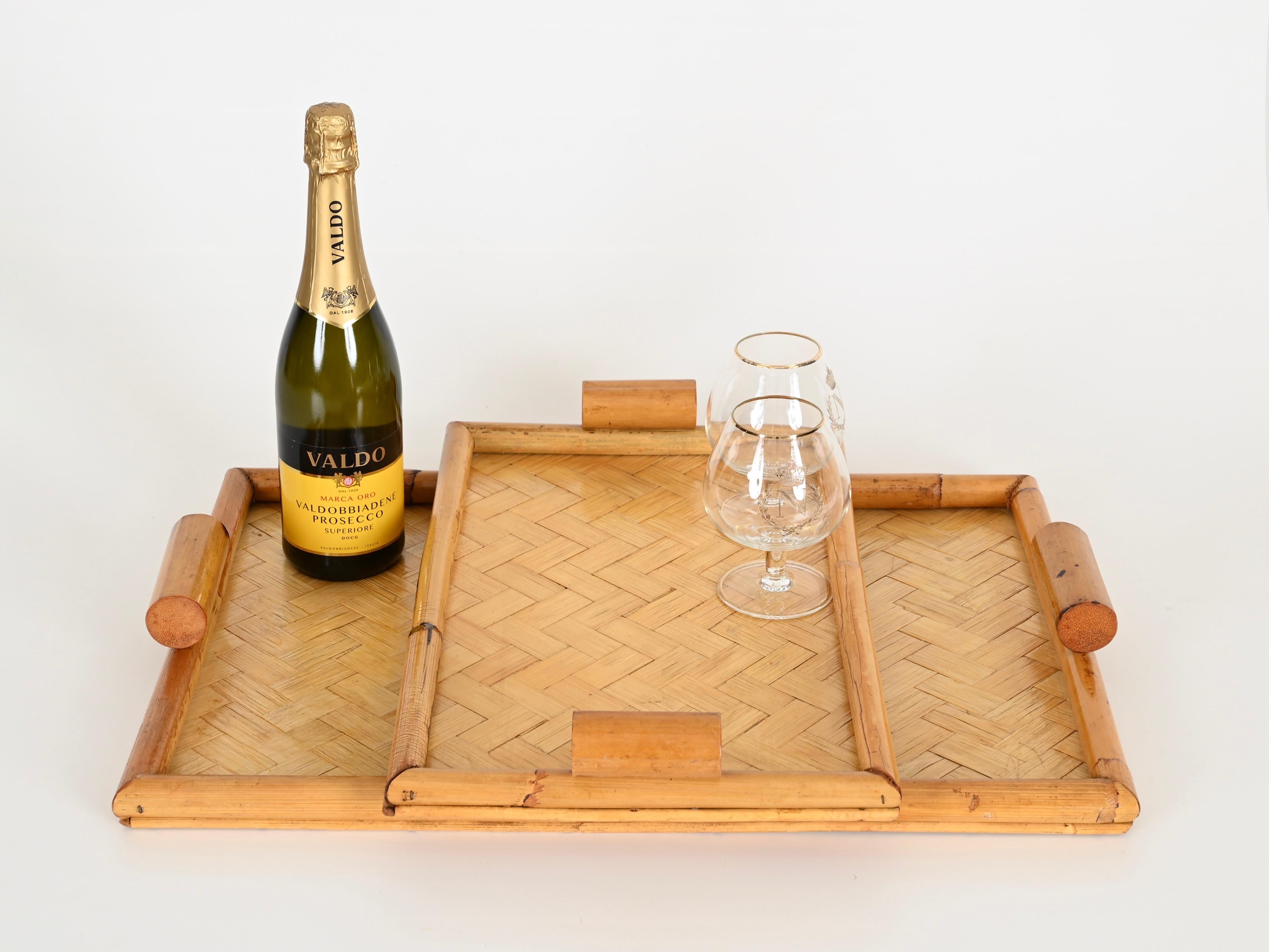 Mid-Century Modern Pair of French Riviera Serving Tray in Bamboo and Rattan, Italy 1960s For Sale