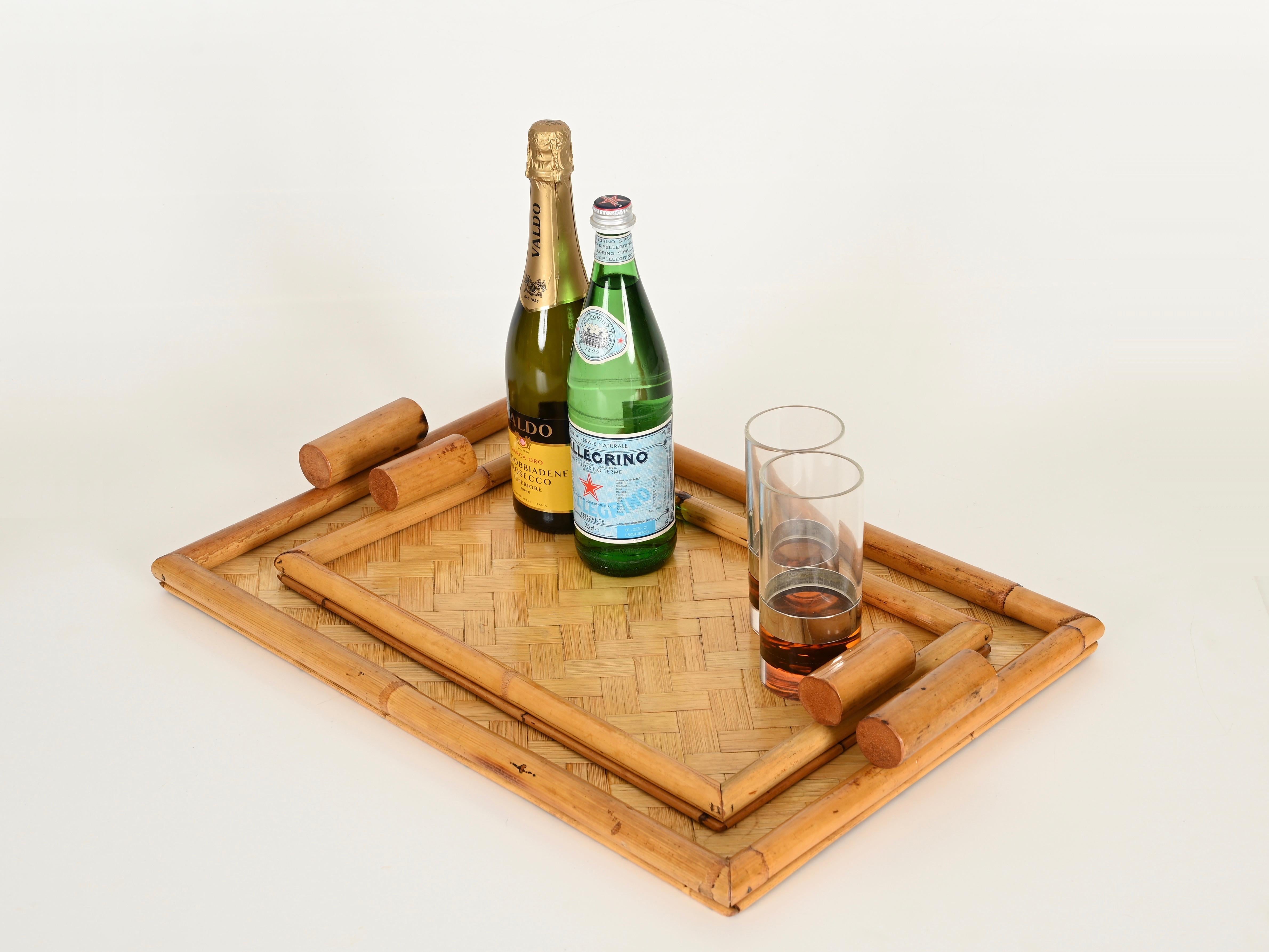 Italian Pair of French Riviera Serving Tray in Bamboo and Rattan, Italy 1960s For Sale