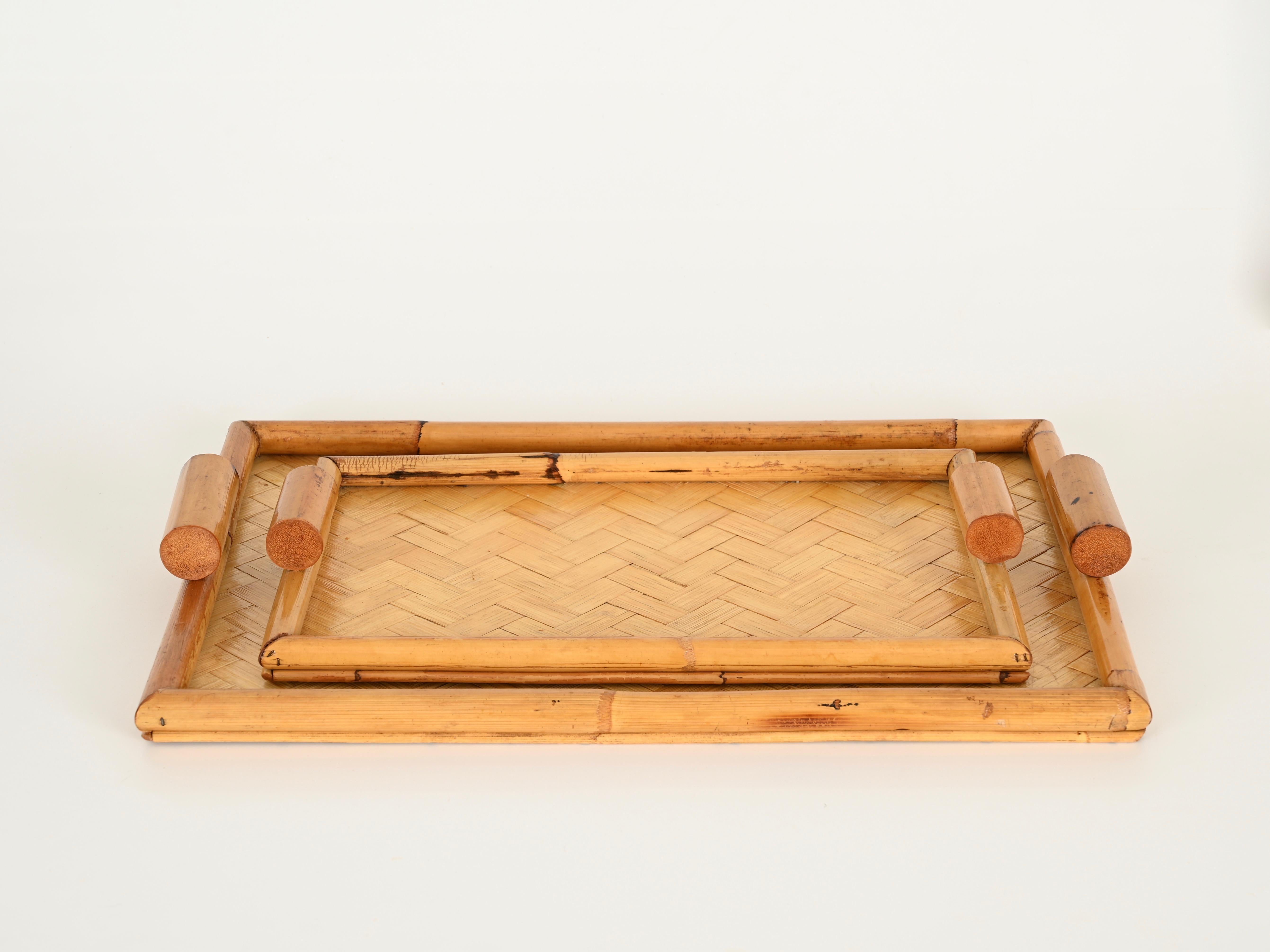Hand-Crafted Pair of French Riviera Serving Tray in Bamboo and Rattan, Italy 1960s For Sale