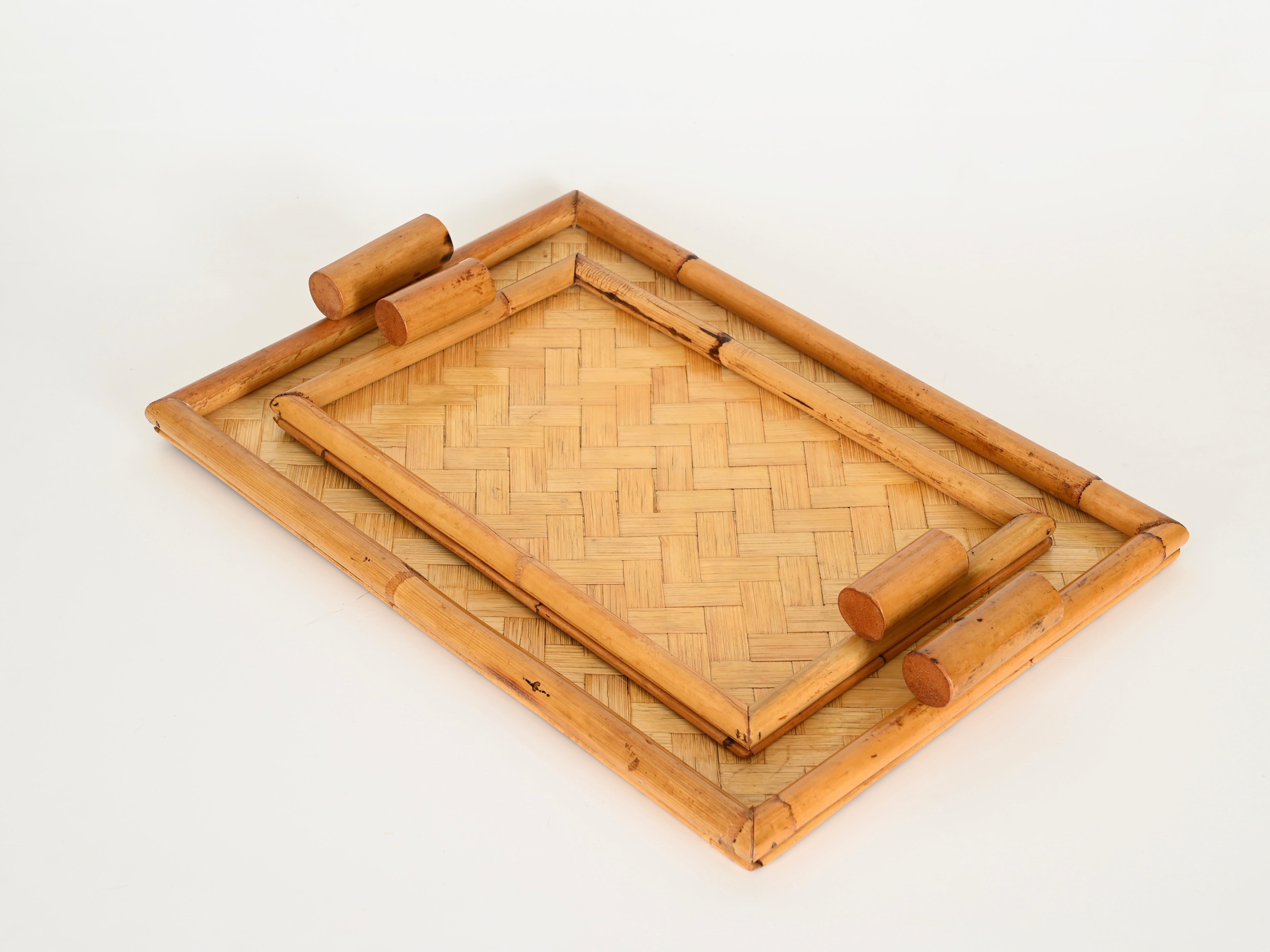 Pair of French Riviera Serving Tray in Bamboo and Rattan, Italy 1960s In Good Condition For Sale In Roma, IT