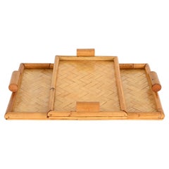 Pair of French Riviera Serving Tray in Bamboo and Rattan, Italy 1960s