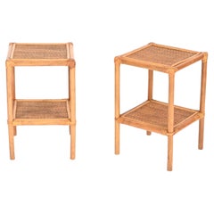 Pair of French Riviera Side Table or Nightstands in Bamboo, Rattan, Italy 1970