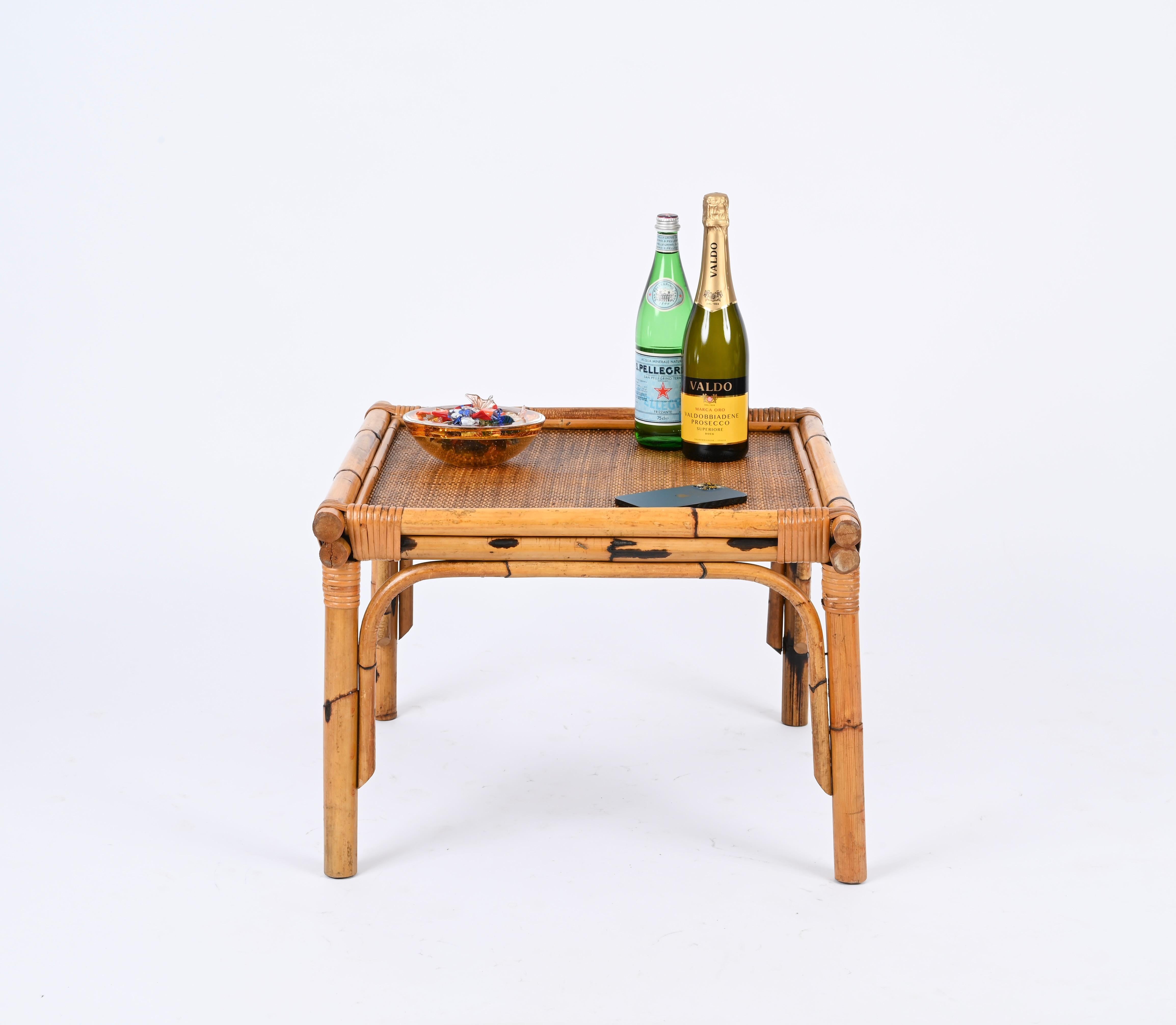 Pair of French Riviera Square Coffee Table in Rattan and Wicker, Italy 1970s 2
