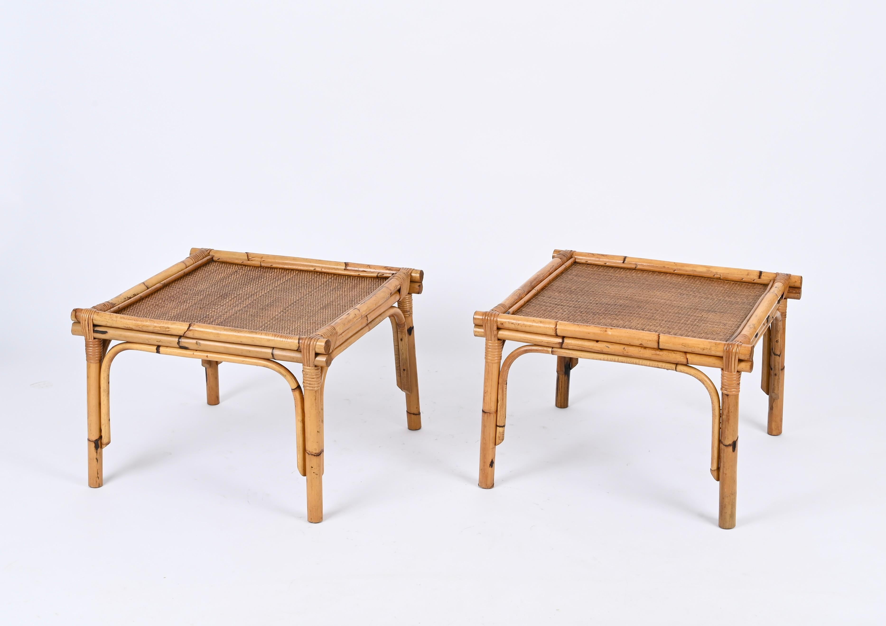 Pair of French Riviera Square Coffee Table in Rattan and Wicker, Italy 1970s 3