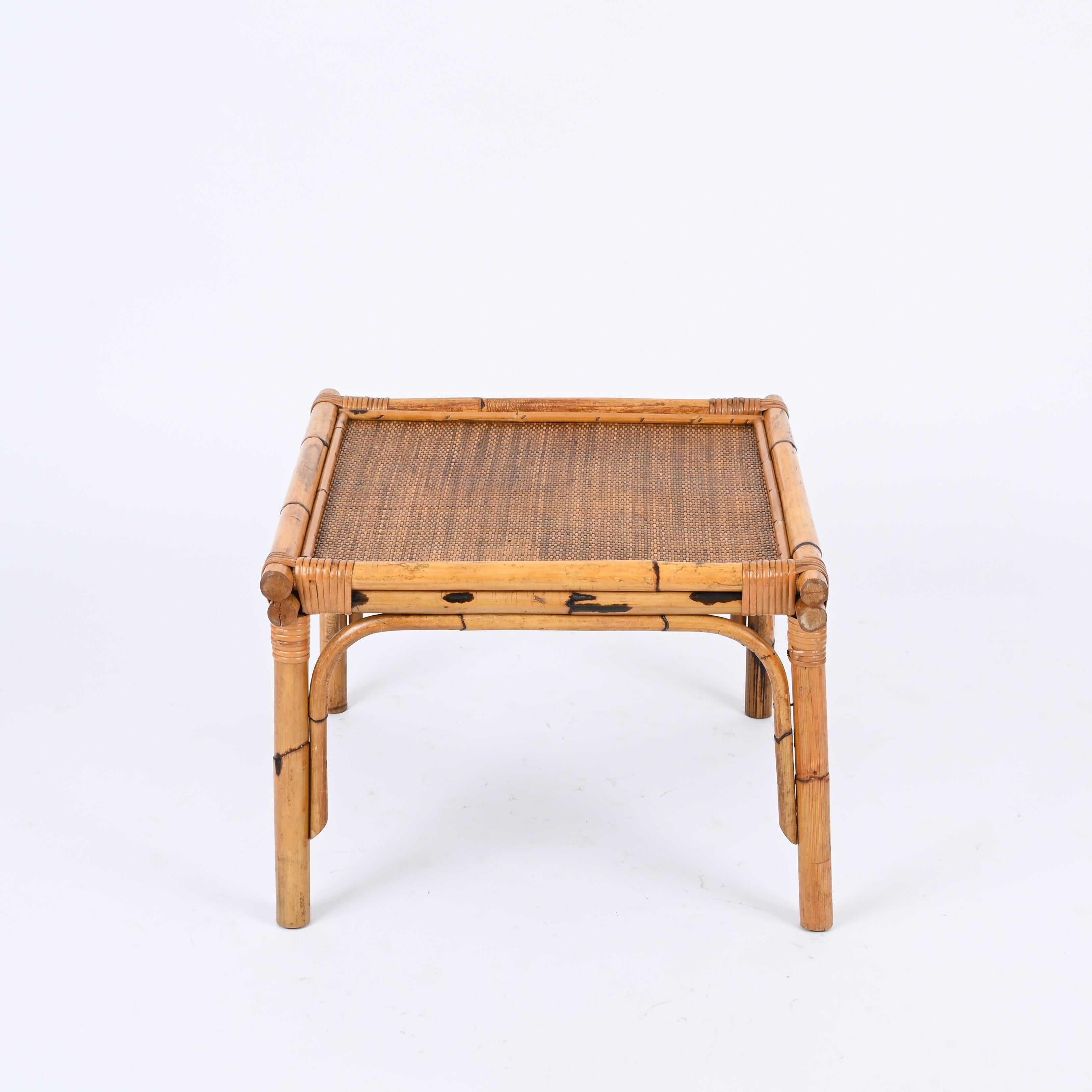 Pair of French Riviera Square Coffee Table in Rattan and Wicker, Italy 1970s 5