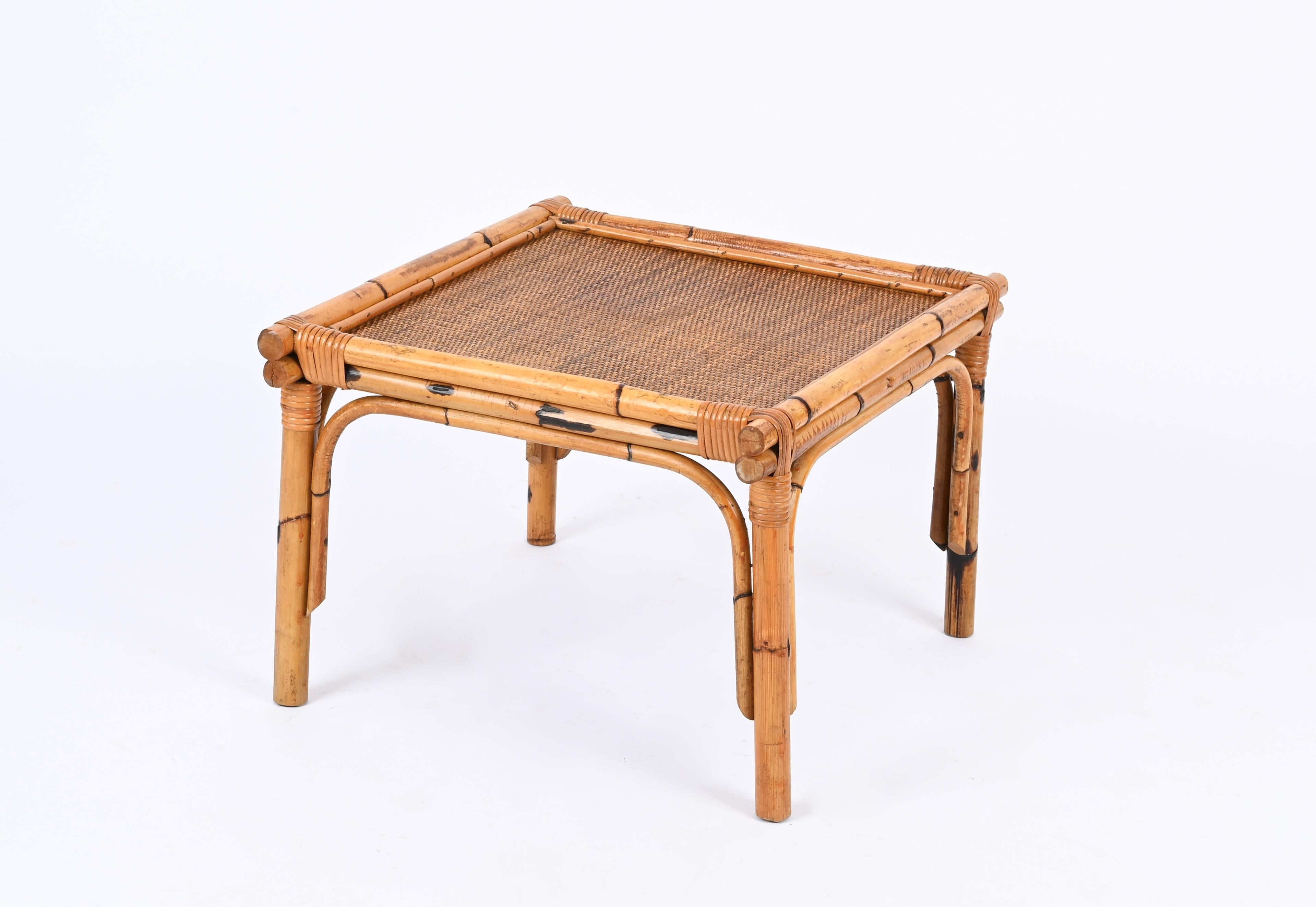 Pair of French Riviera Square Coffee Table in Rattan and Wicker, Italy 1970s For Sale 6