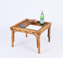 Pair of French Riviera Square Coffee Table in Rattan and Wicker, Italy 1970s