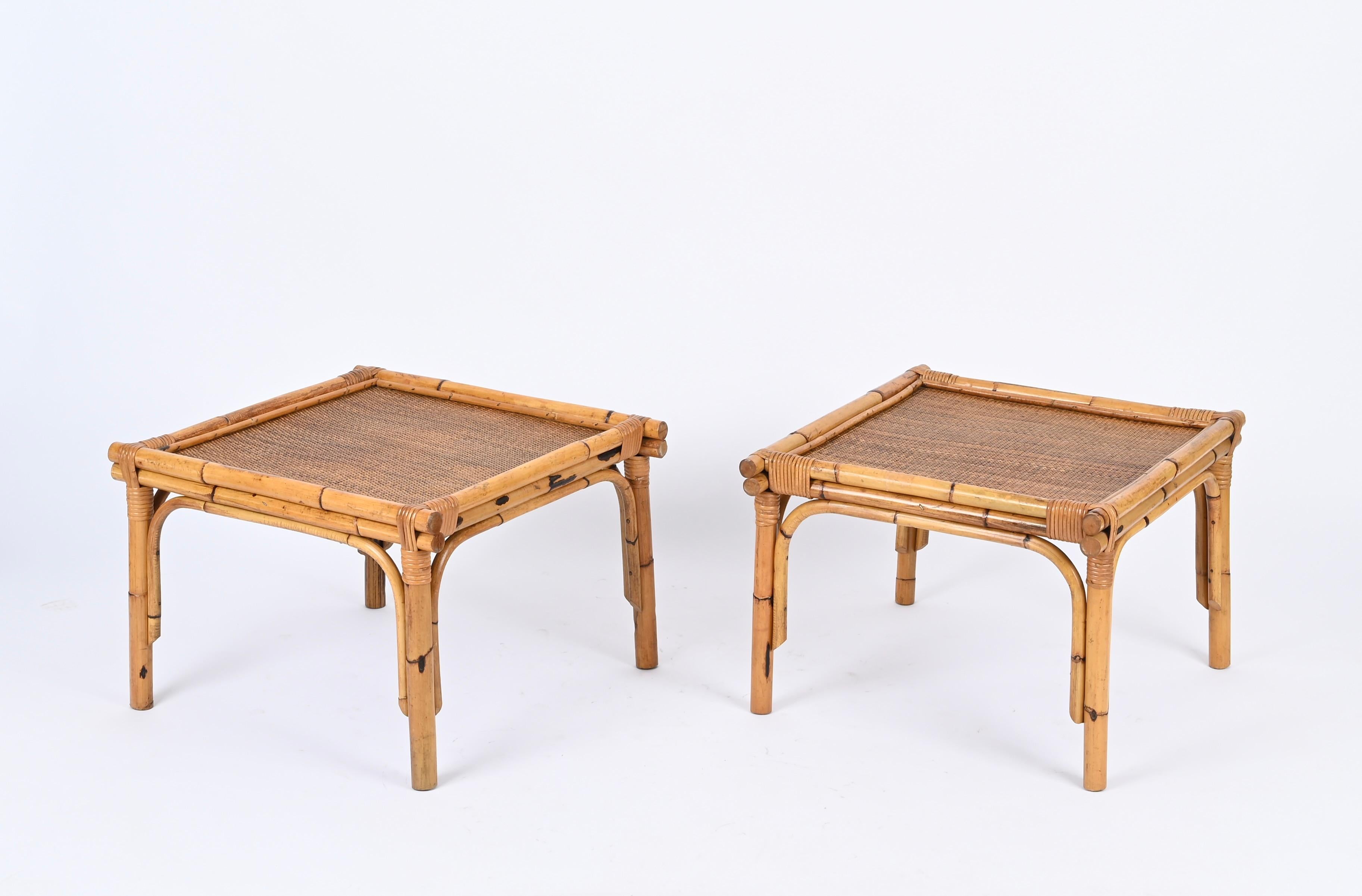 Mid-Century Modern Pair of French Riviera Square Coffee Table in Rattan and Wicker, Italy 1970s