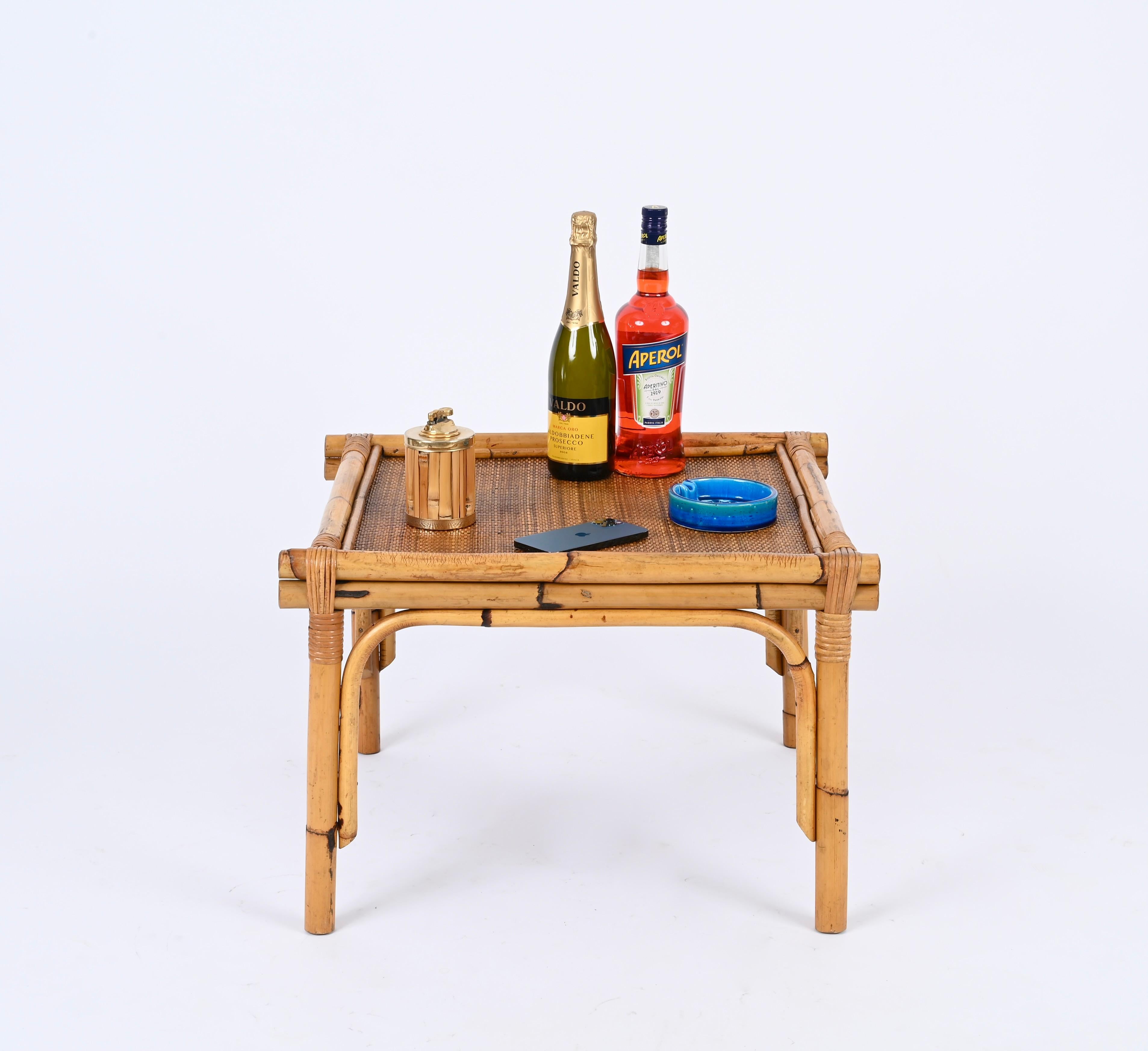 Italian Pair of French Riviera Square Coffee Table in Rattan and Wicker, Italy 1970s