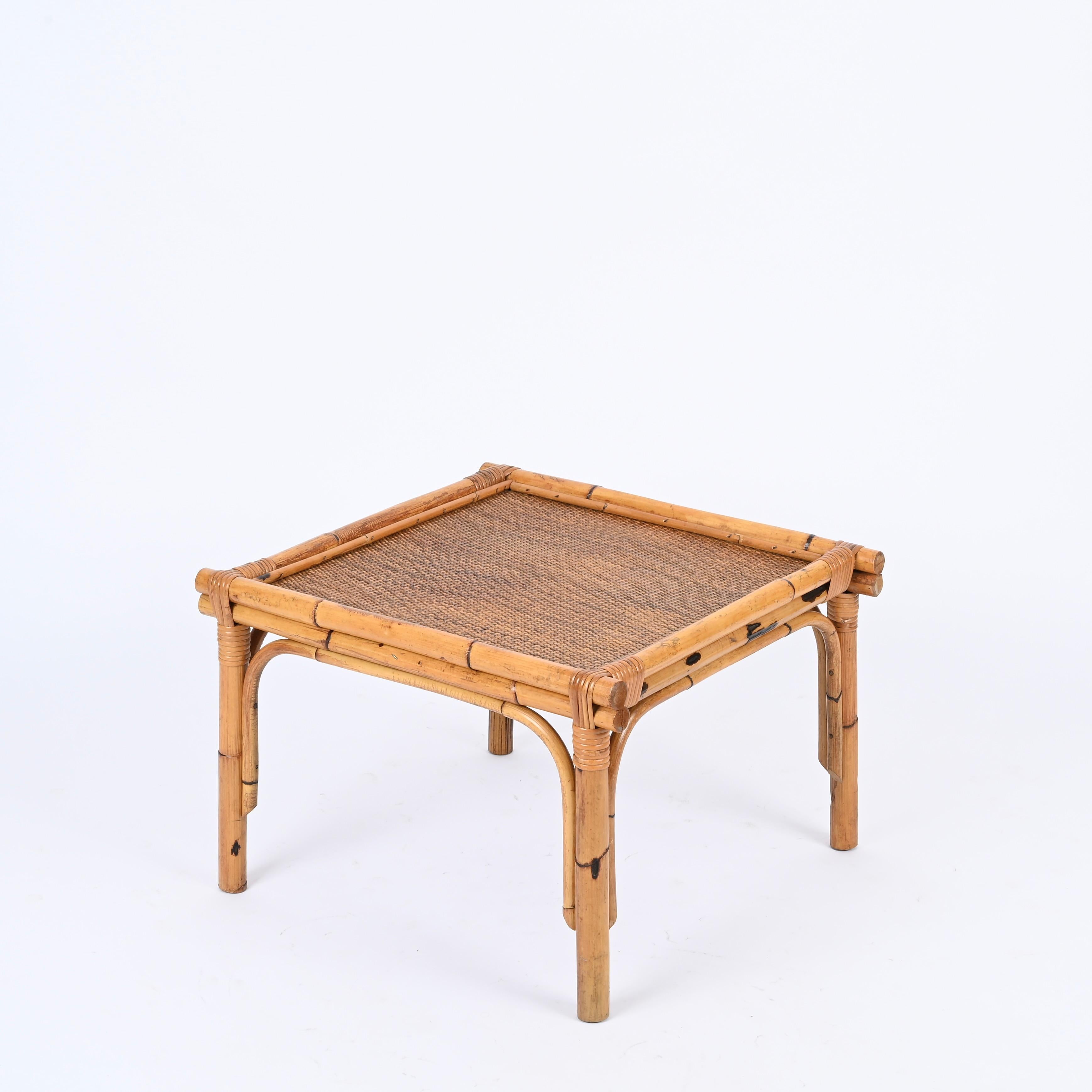 Hand-Crafted Pair of French Riviera Square Coffee Table in Rattan and Wicker, Italy 1970s