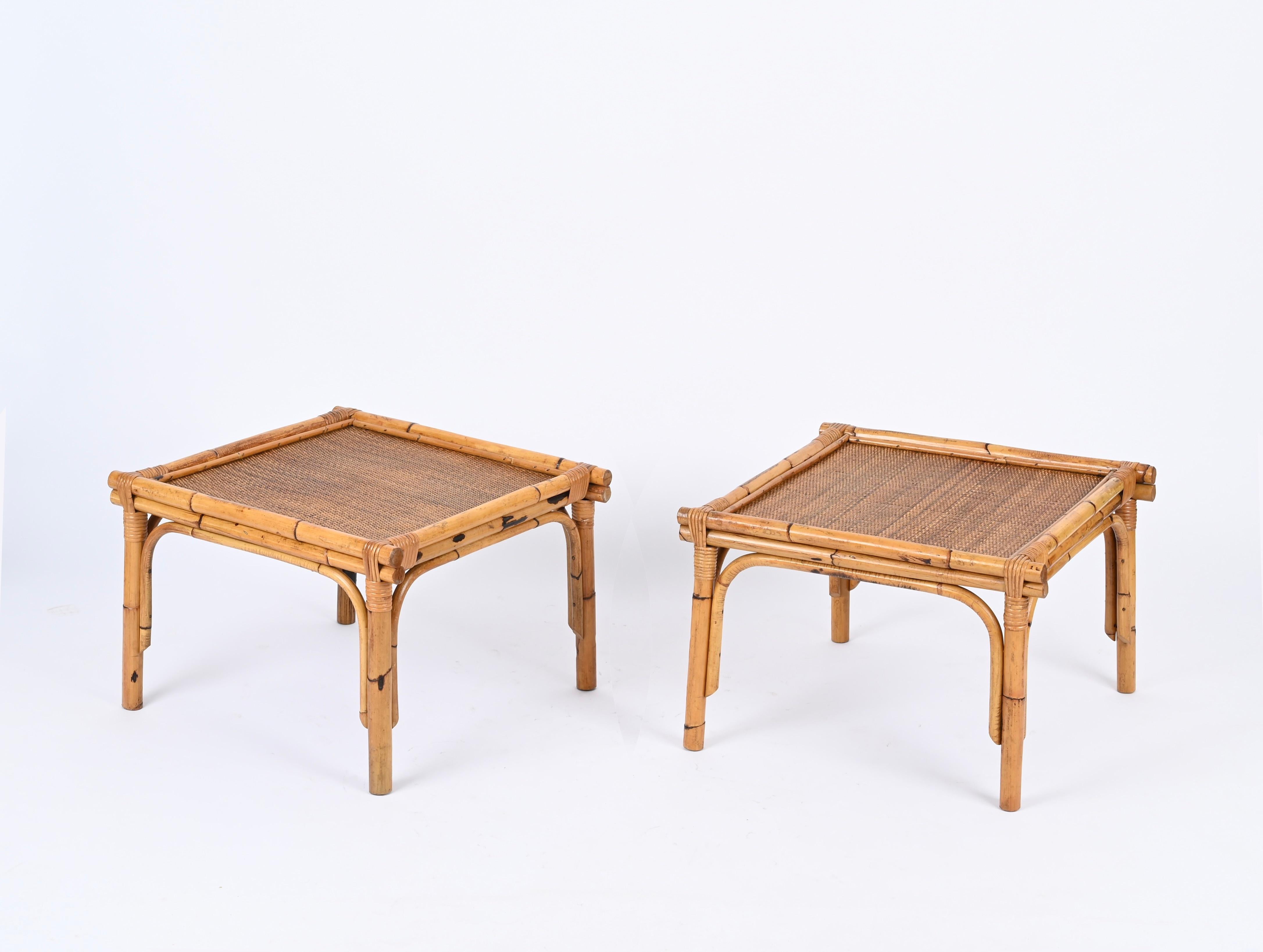 Pair of French Riviera Square Coffee Table in Rattan and Wicker, Italy 1970s In Good Condition For Sale In Roma, IT